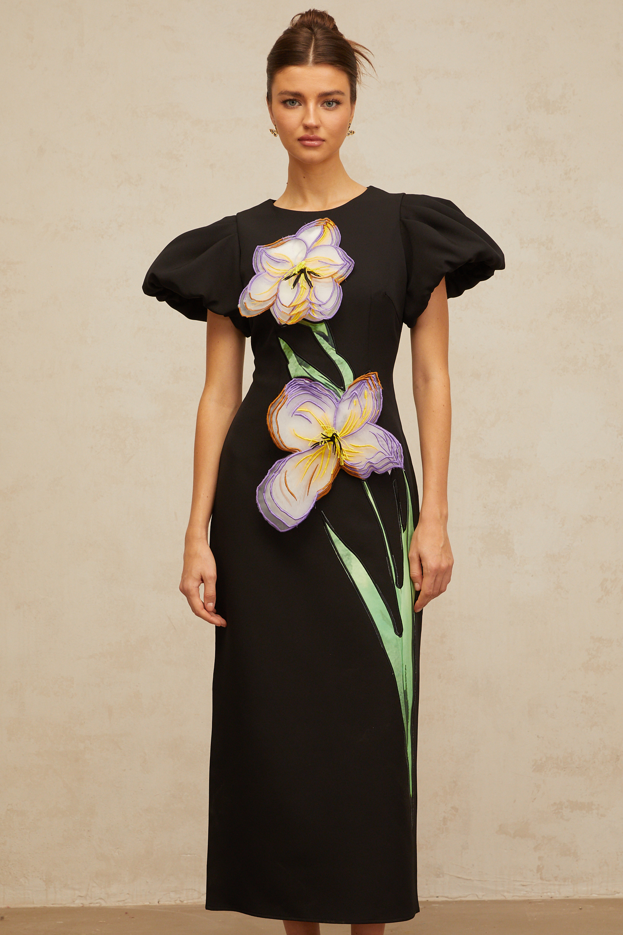 Irène black sequined floral-embroidered midi dress