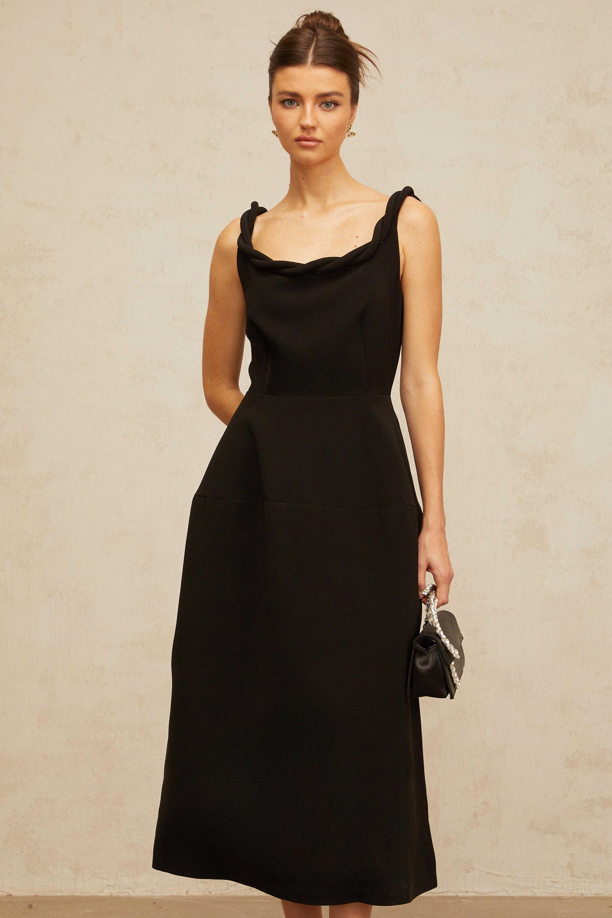 Hermine black braided puff midi dress