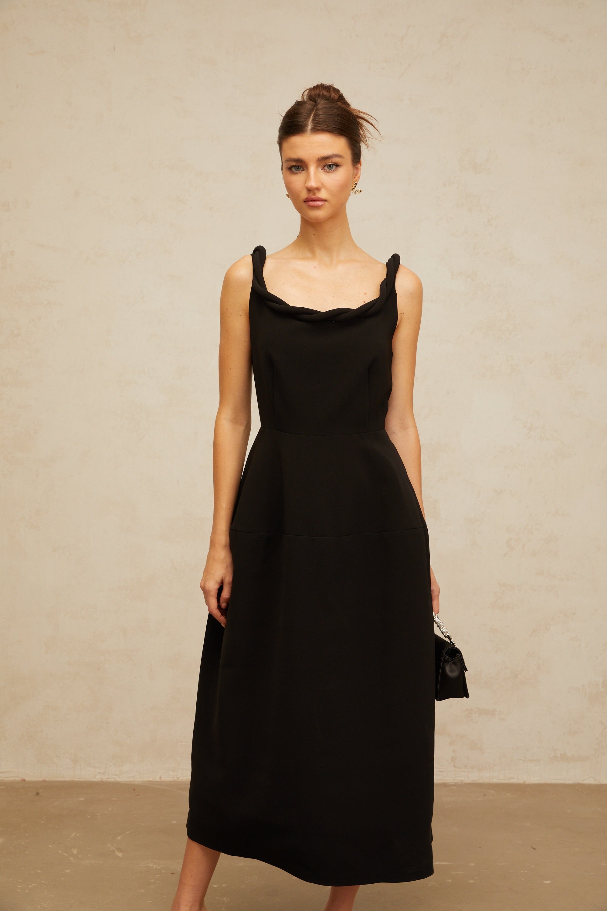 Hermine black braided puff midi dress