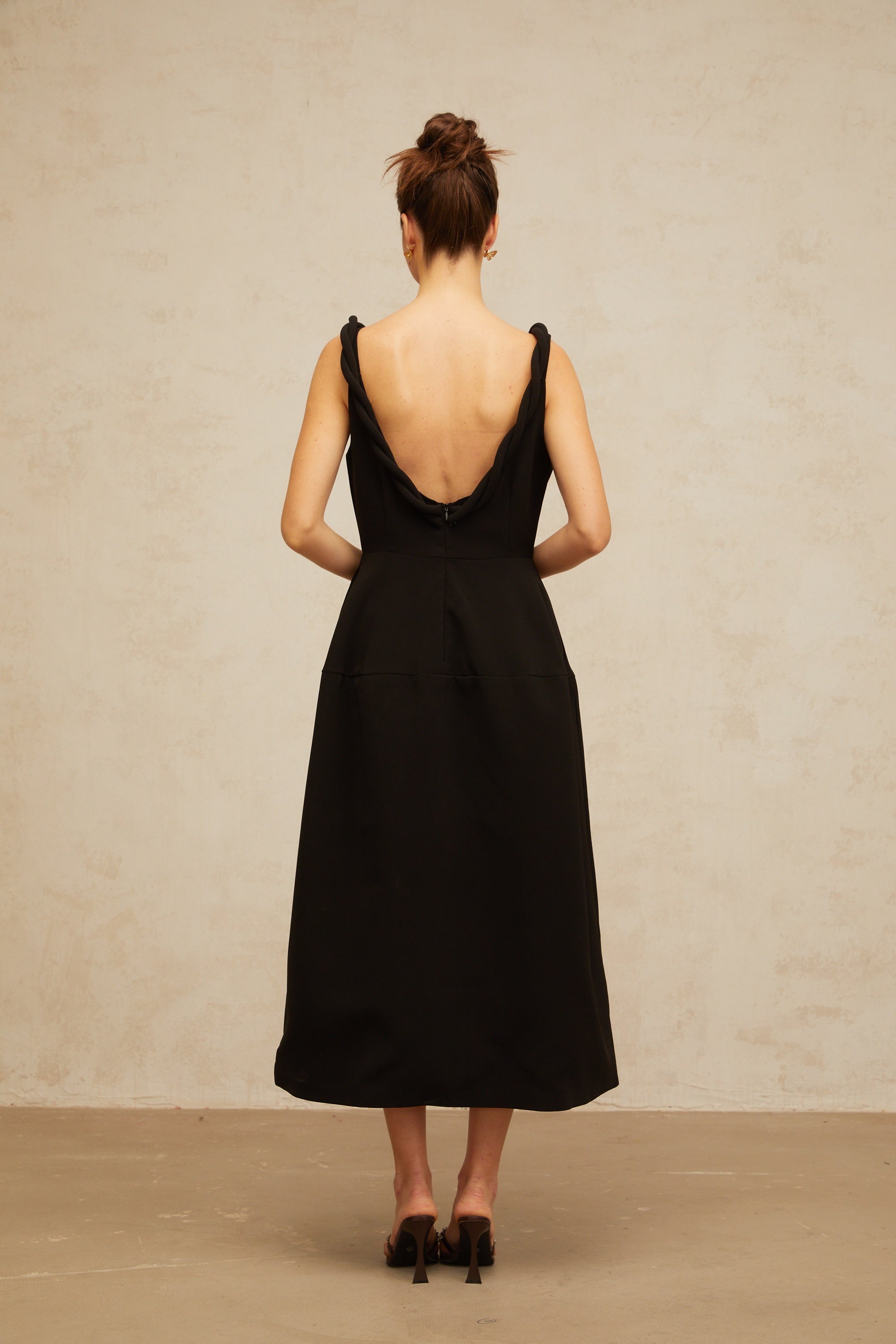 Hermine black braided puff midi dress