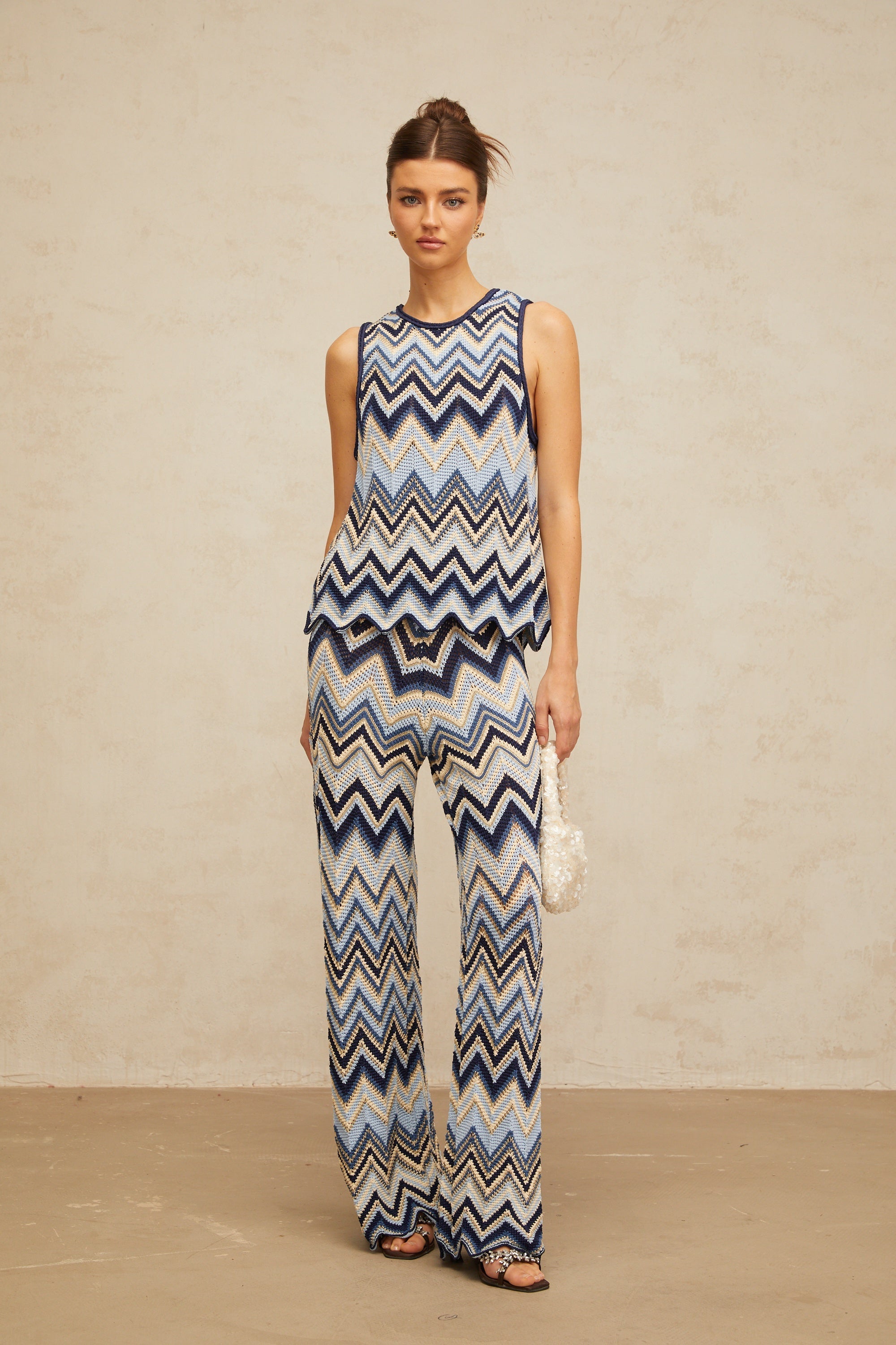 Irina blue zigzag-woven pointelle-knit top & trousers matching set
