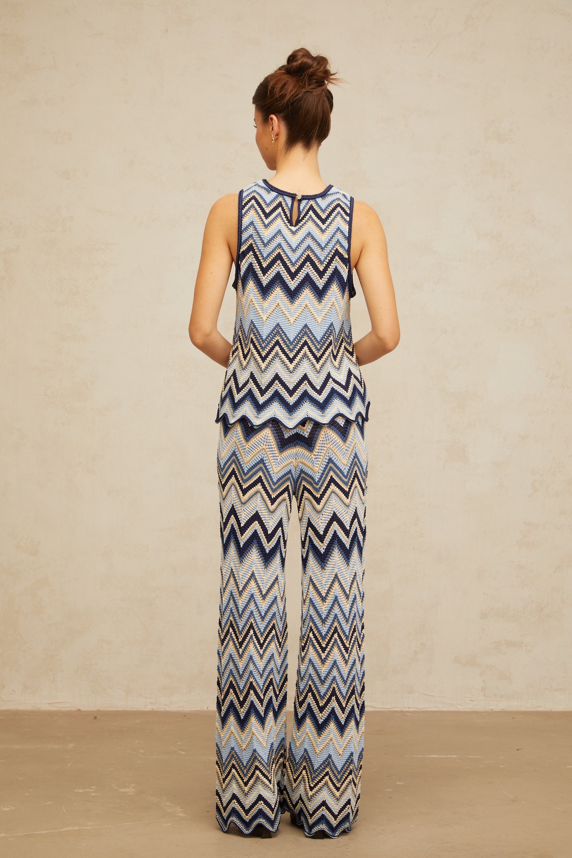 Irina blue zigzag-woven pointelle-knit top & trousers matching set