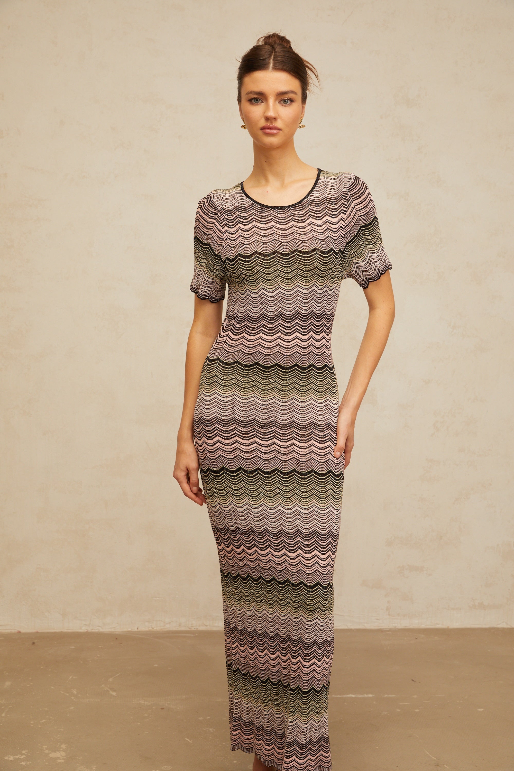 Louane pink wavy-crochet knit maxi dress