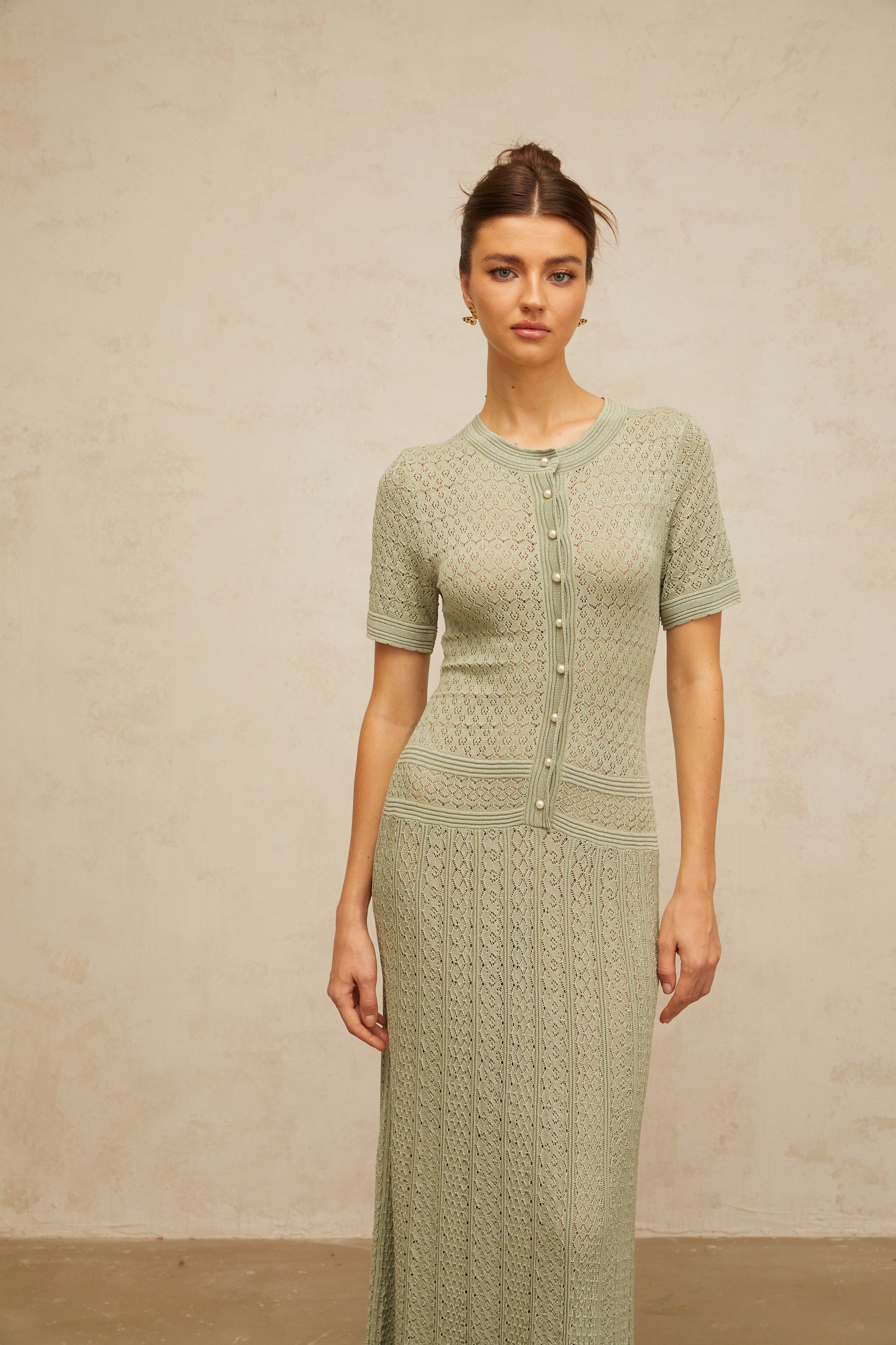 Siena green shirred crochet-knit maxi dress (Final Sale-US Only)