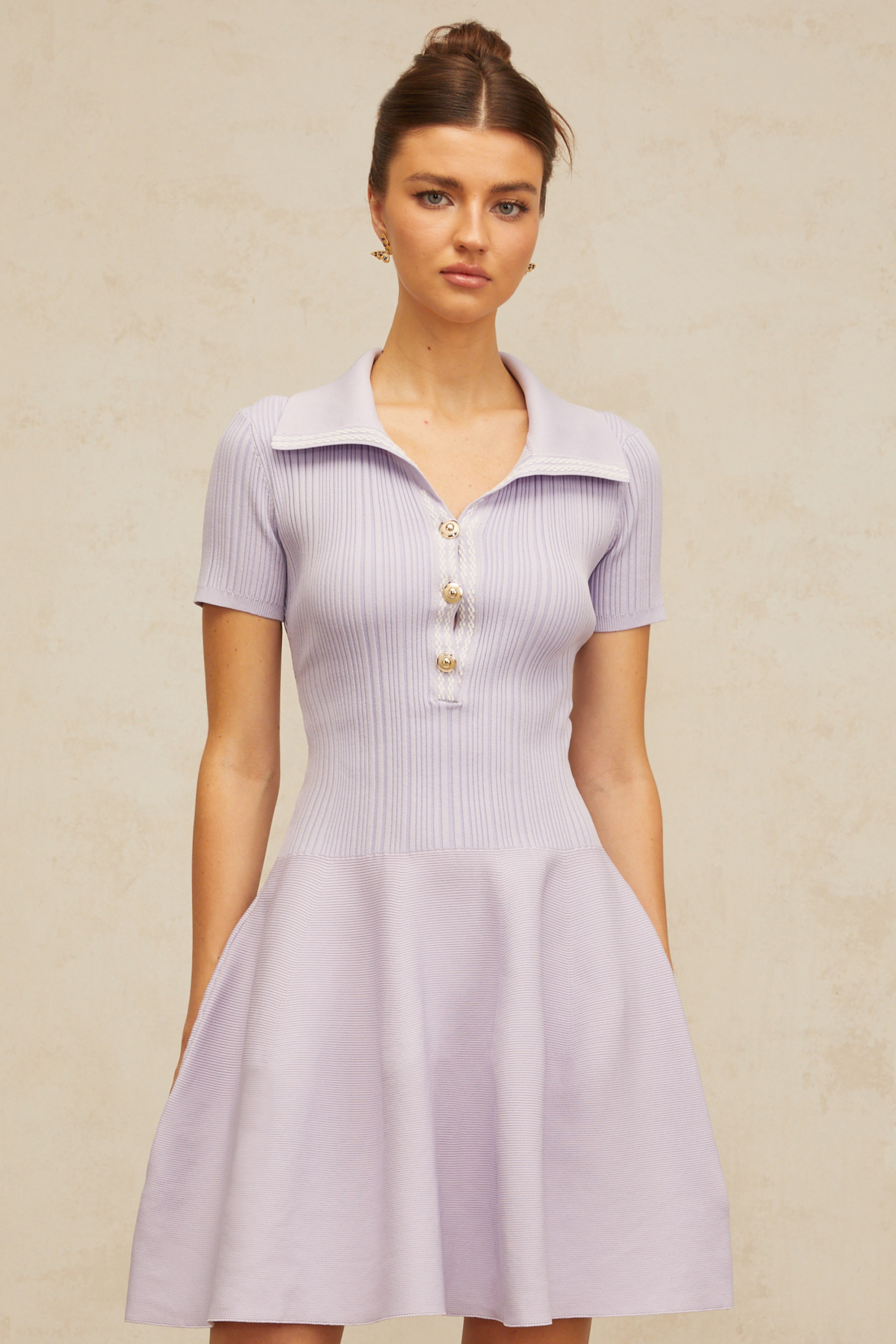 Vanessa lilac shirred flared knit mini dress
