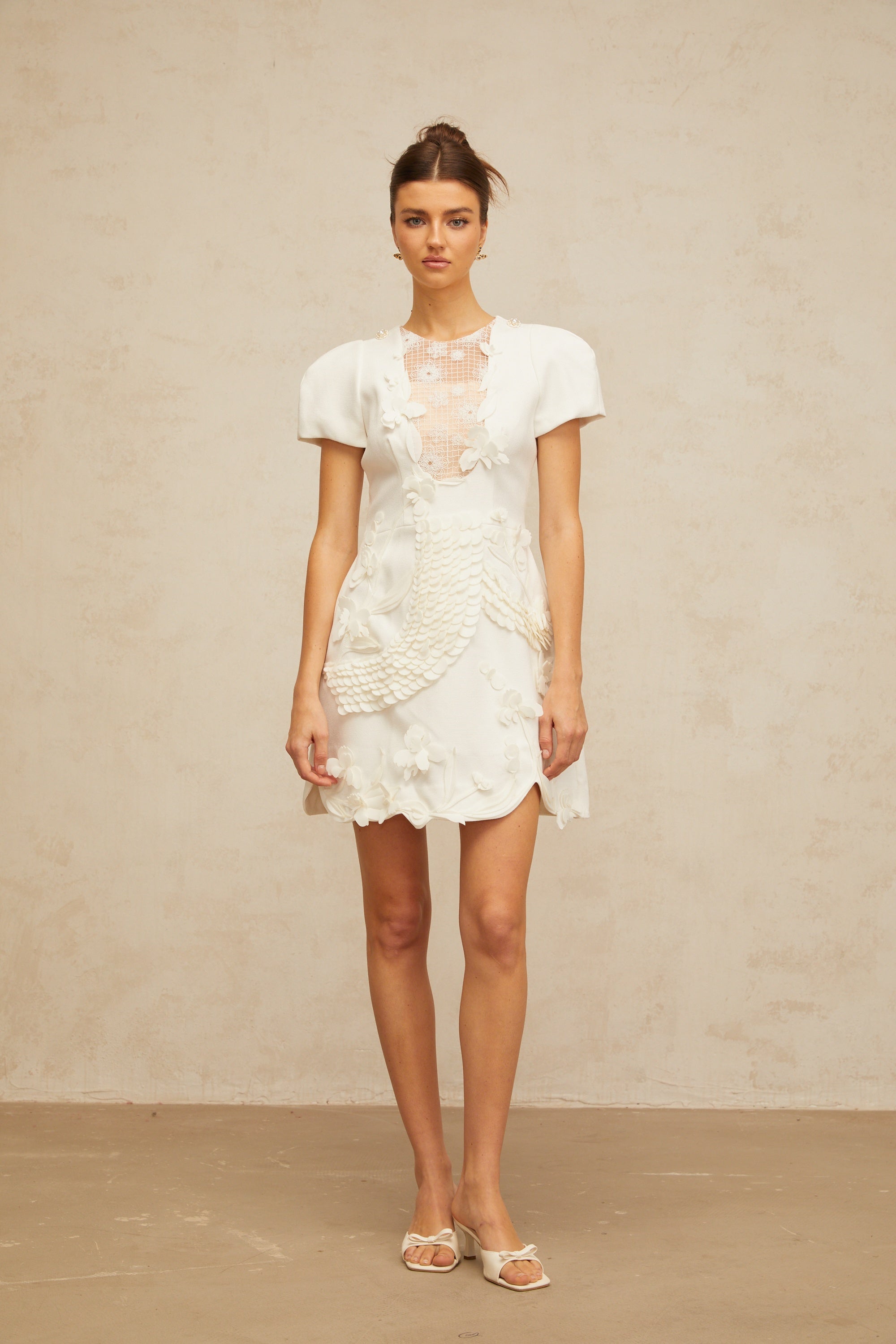 Frida white floral-appliqué puff mini dress