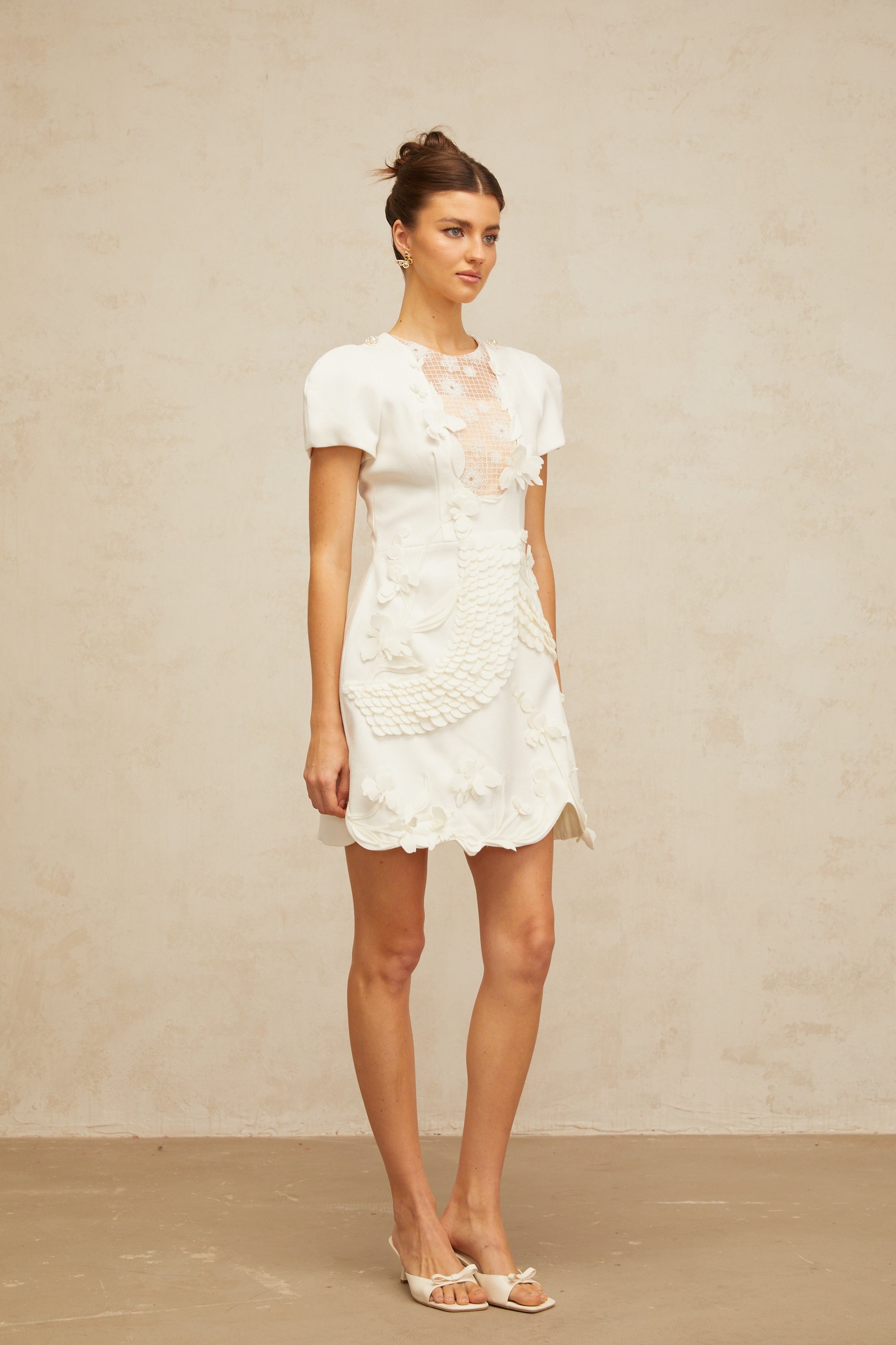 Frida white floral-appliqué puff mini dress