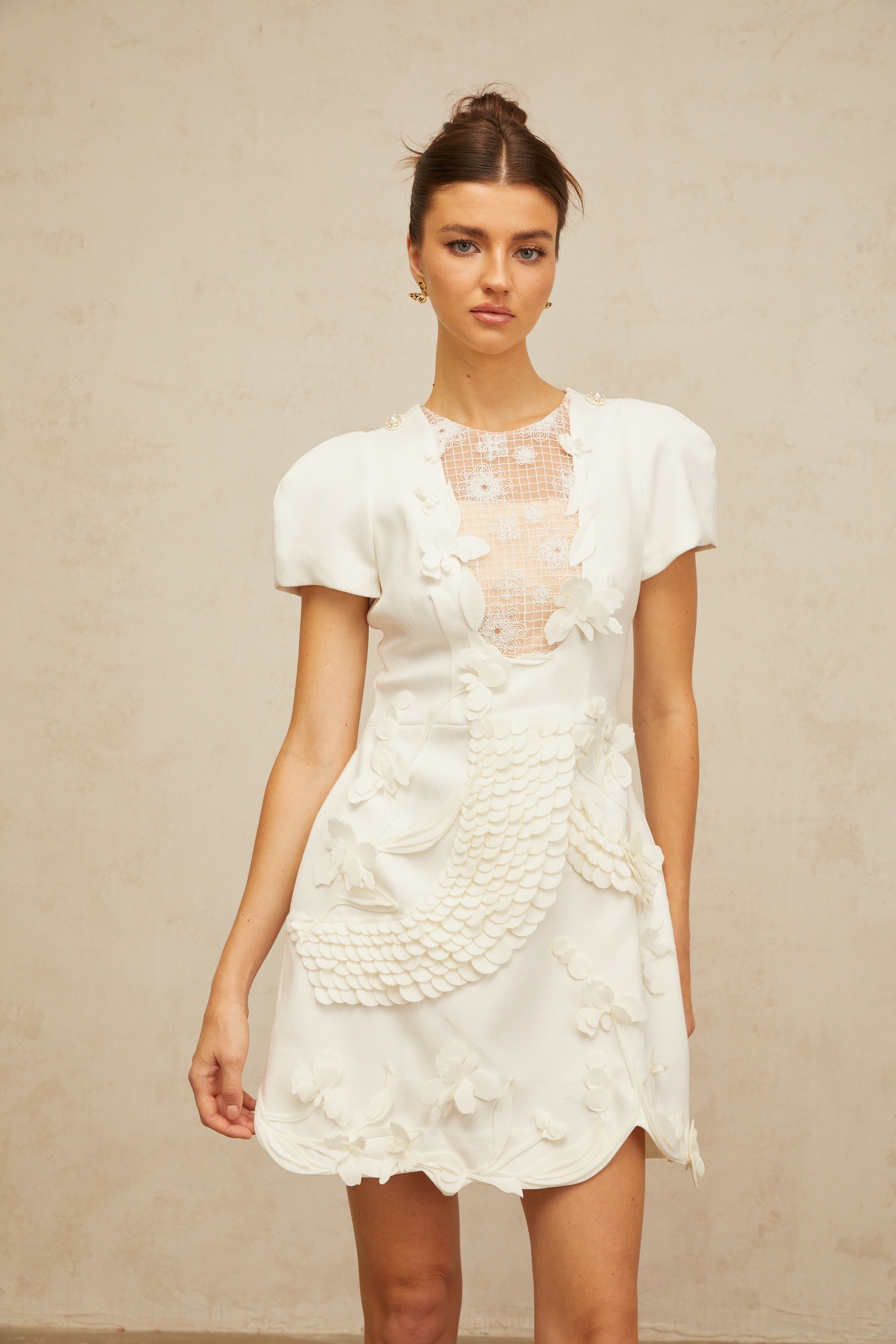 Frida white floral-appliqué puff mini dress