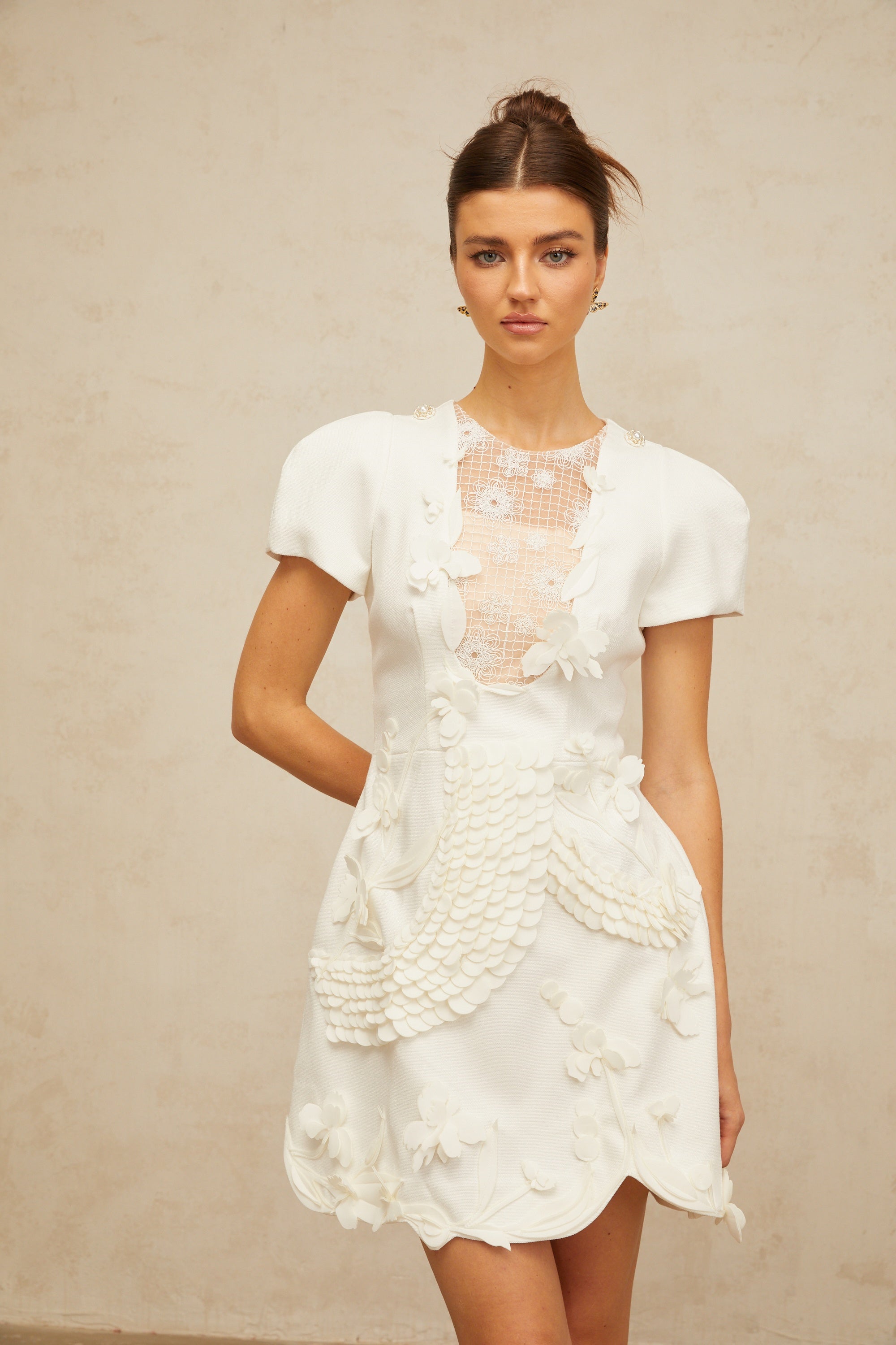 Frida white floral-appliqué puff mini dress