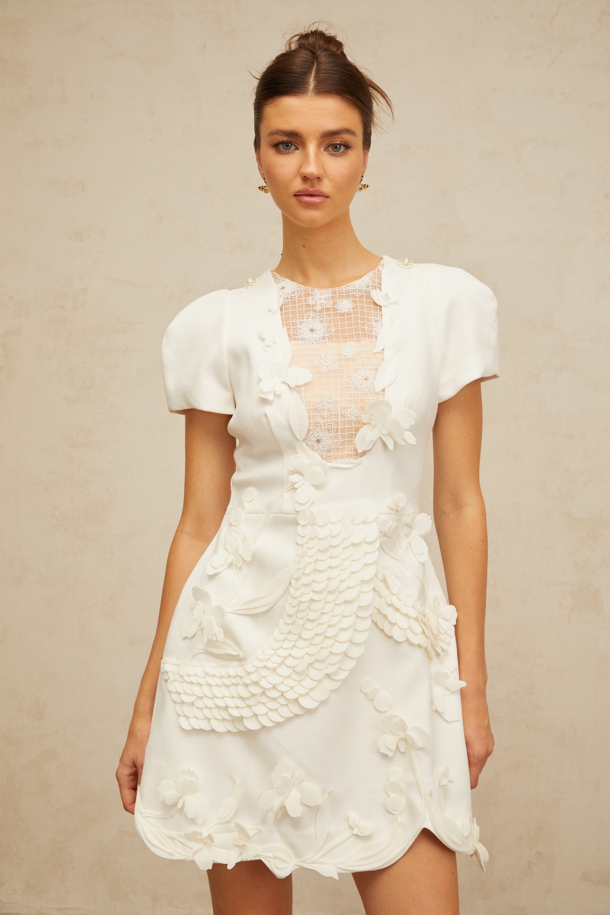 Frida white floral-appliqué puff mini dress