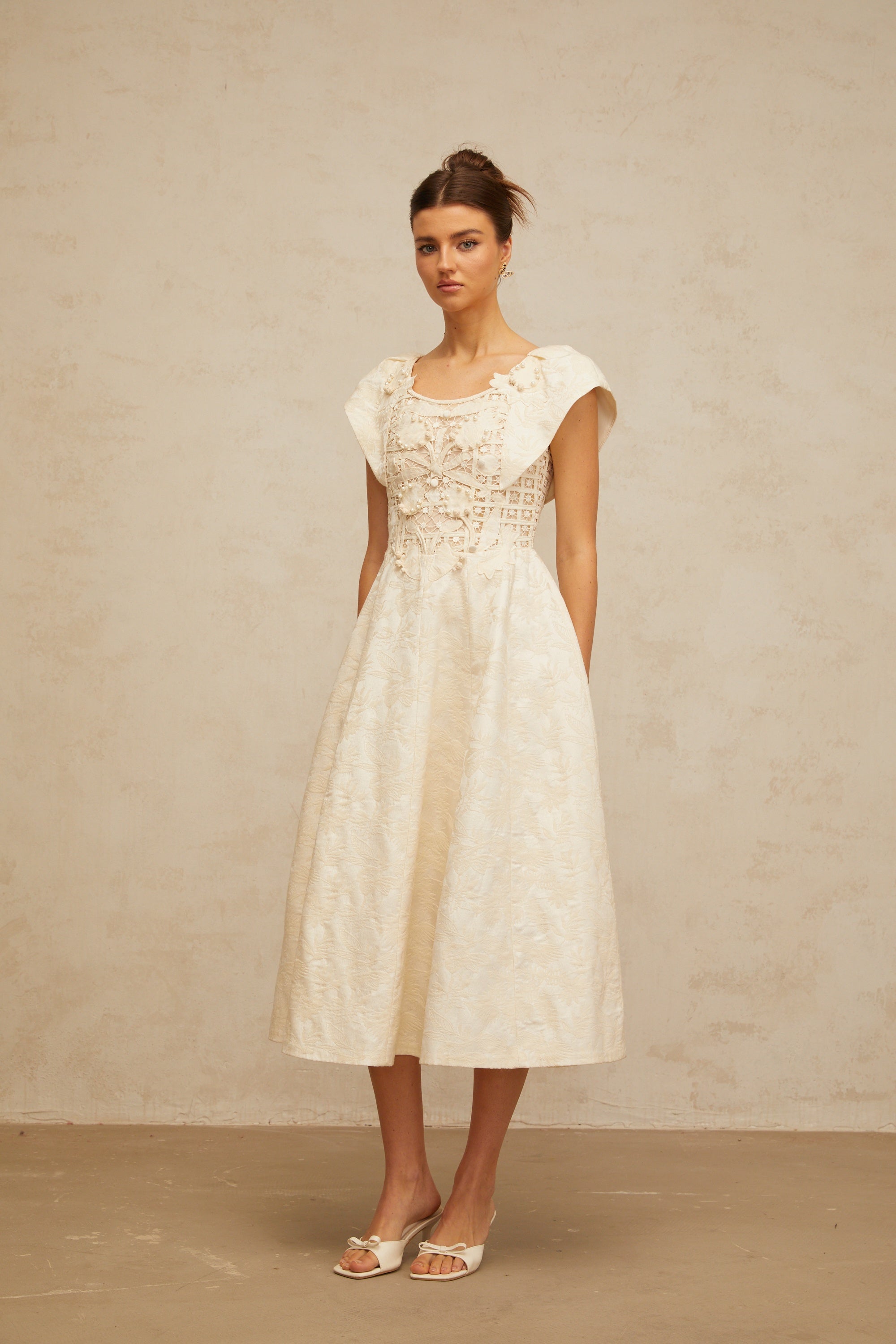 Xenia neutrals floral-embroidered embellished midi dress