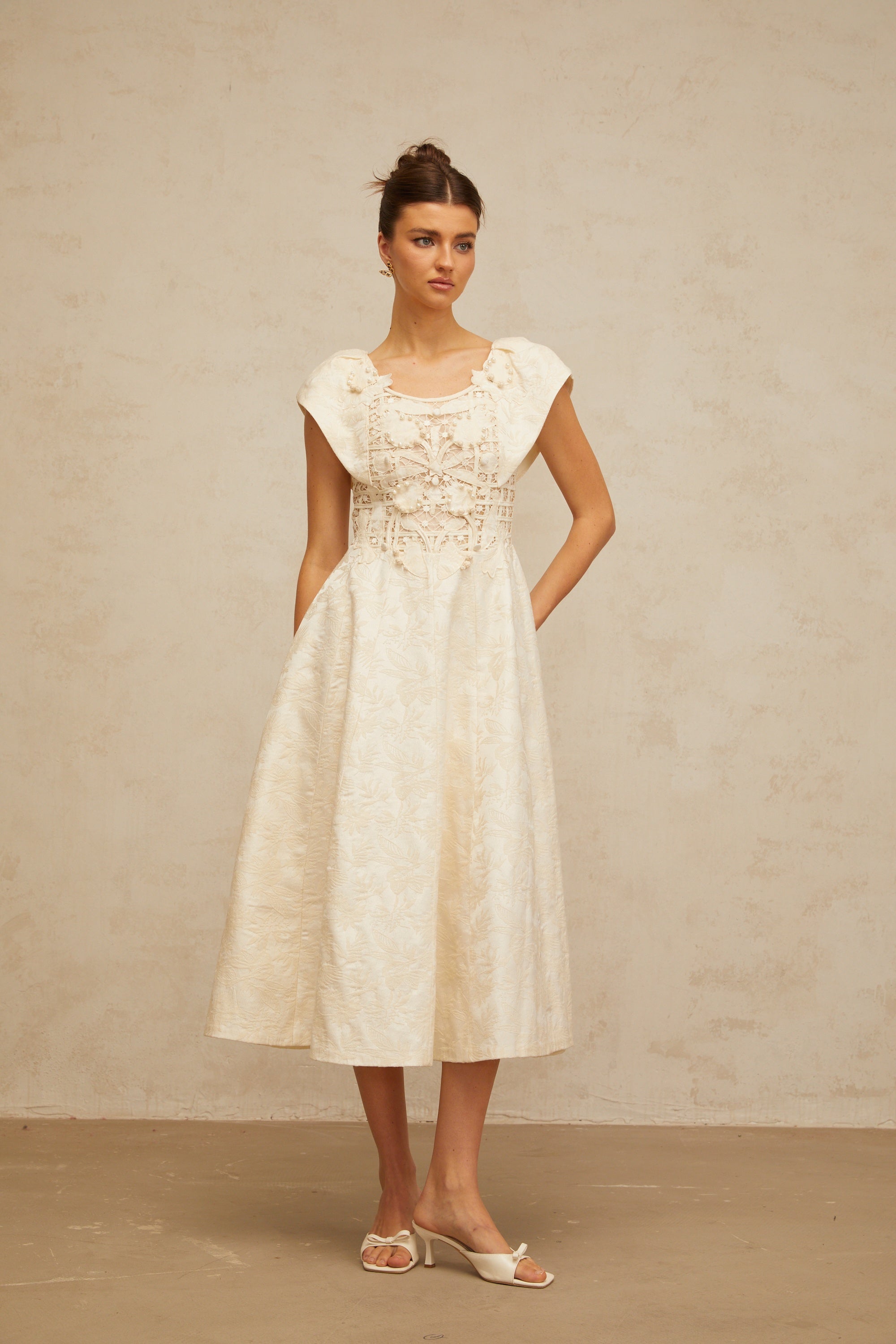 Xenia neutrals floral-embroidered embellished midi dress