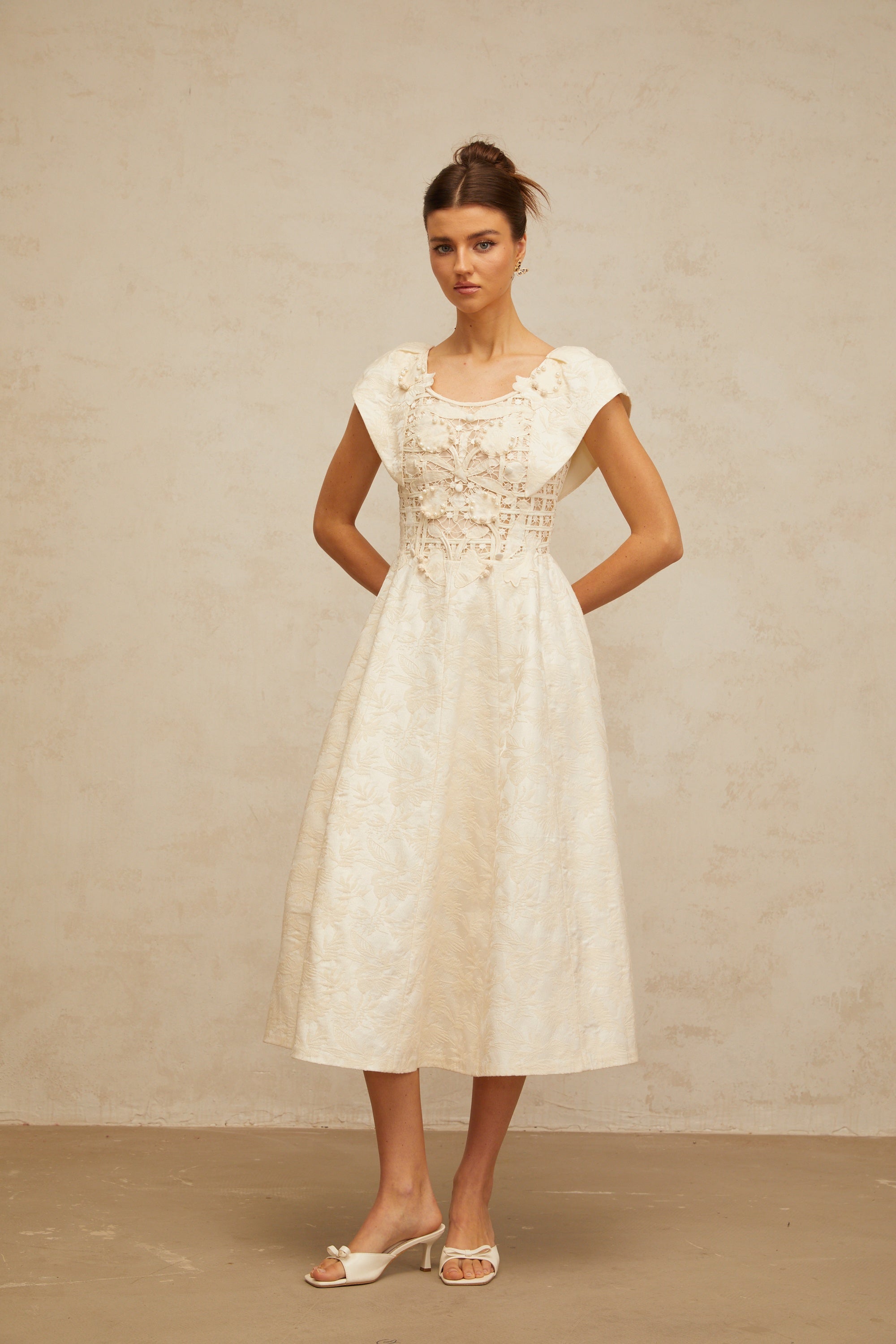 Xenia neutrals floral-embroidered embellished midi dress