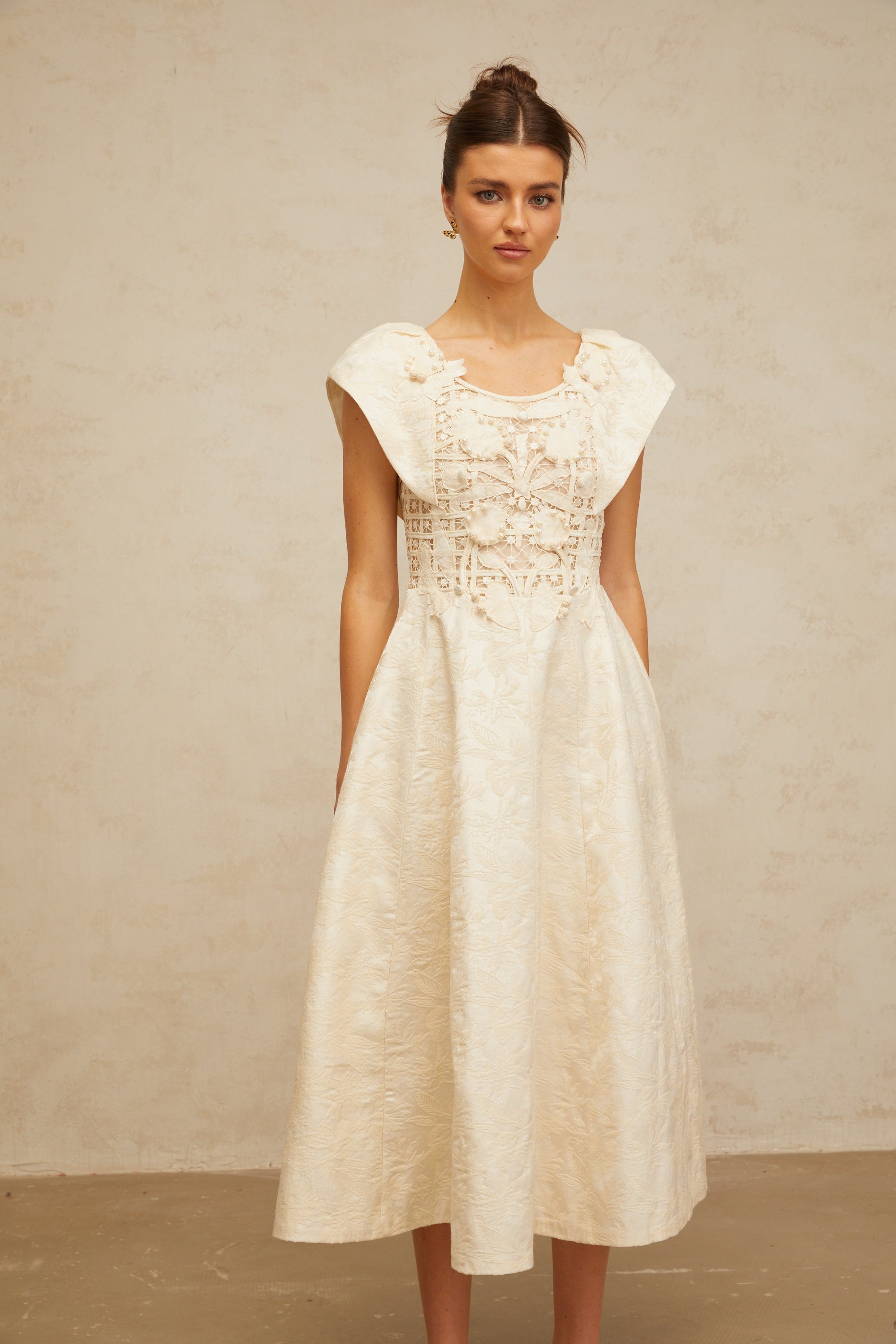 Xenia neutrals floral-embroidered embellished midi dress