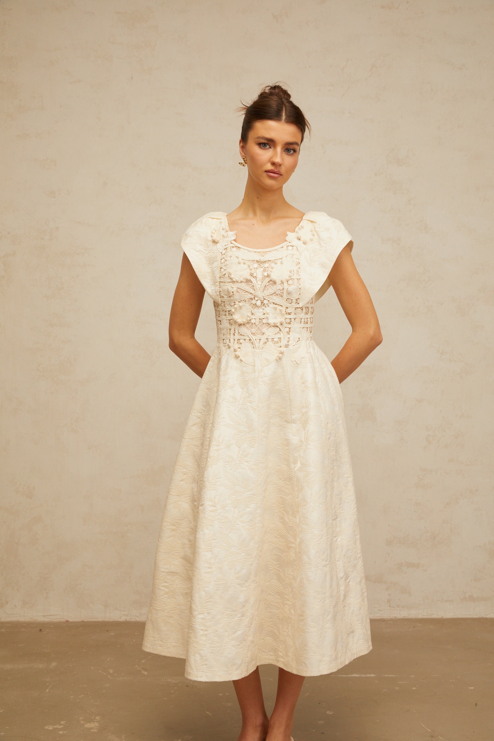 Xenia neutrals floral-embroidered embellished midi dress