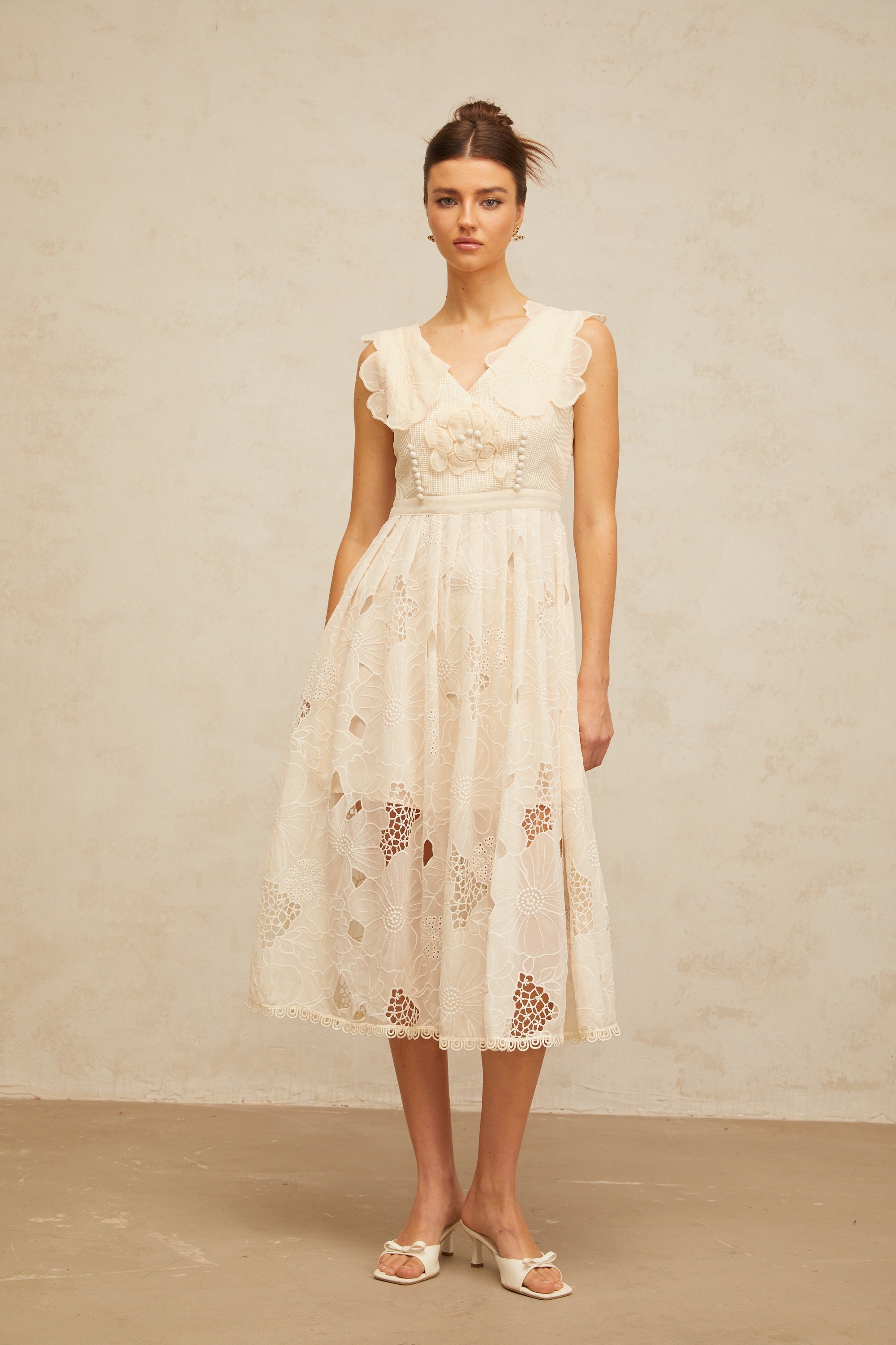 Anaïs neutrals beaded floral-embroidered midi dress