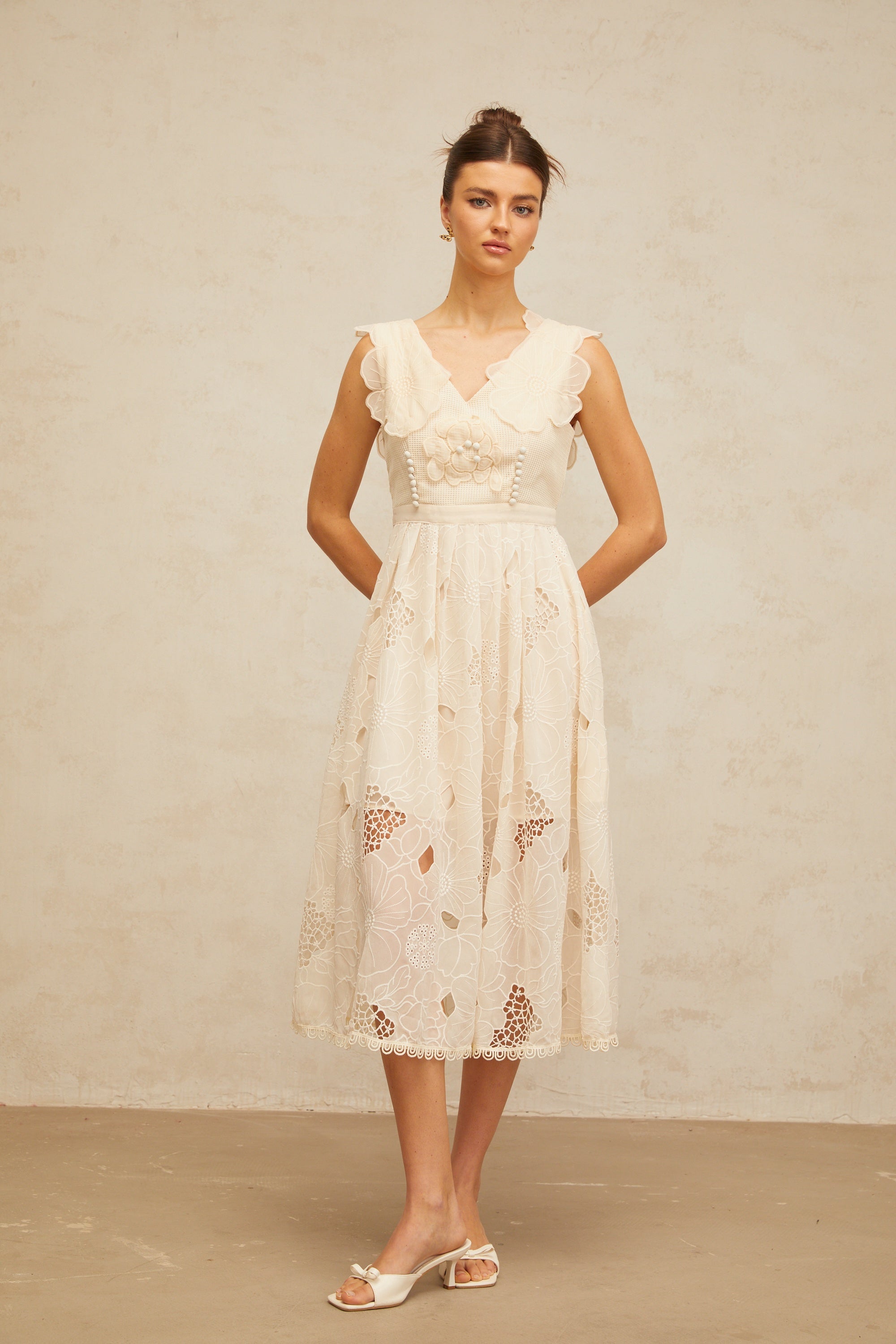 Anaïs neutrals beaded floral-embroidered midi dress