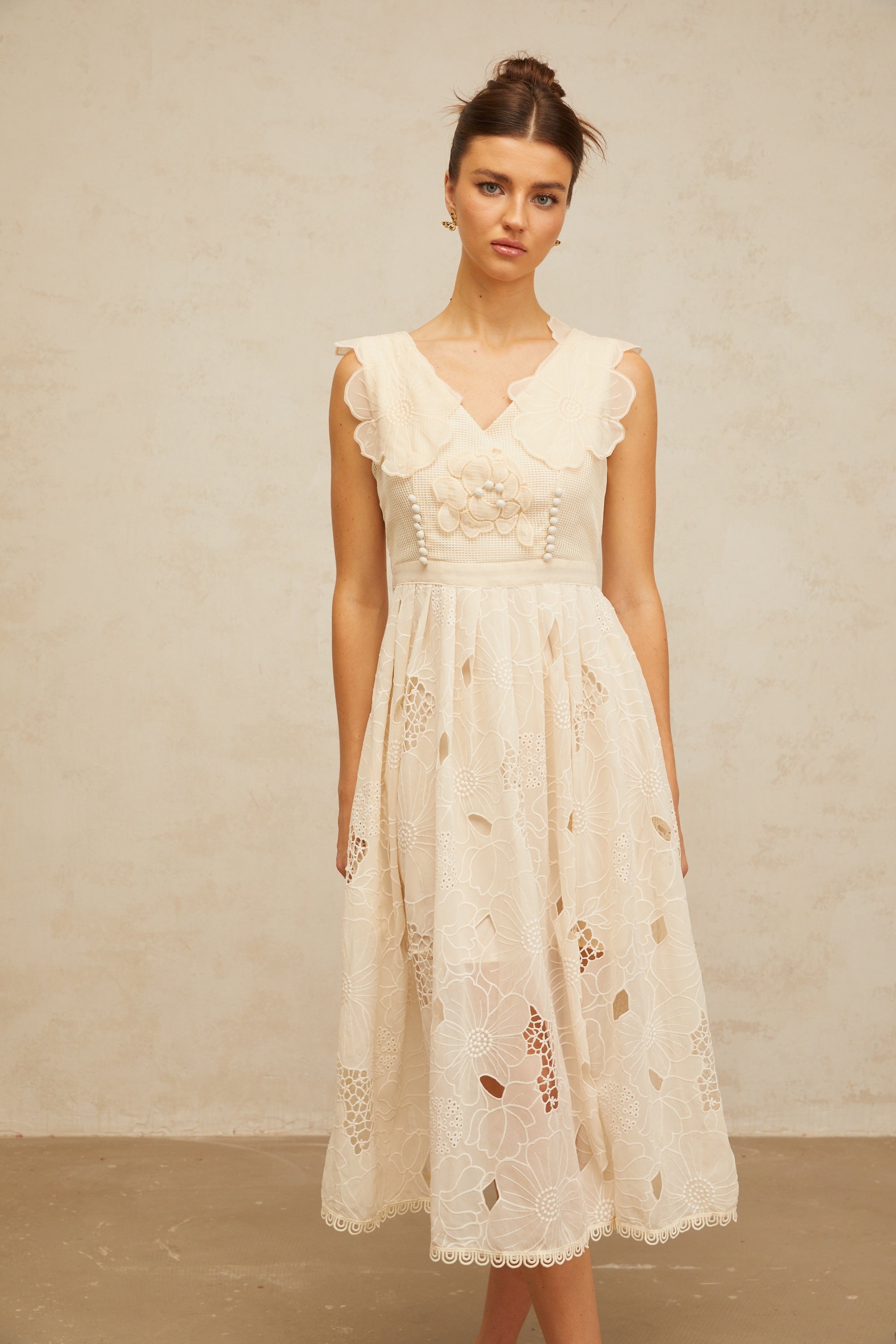 Anaïs neutrals beaded floral-embroidered midi dress (Final Sale-US Only)