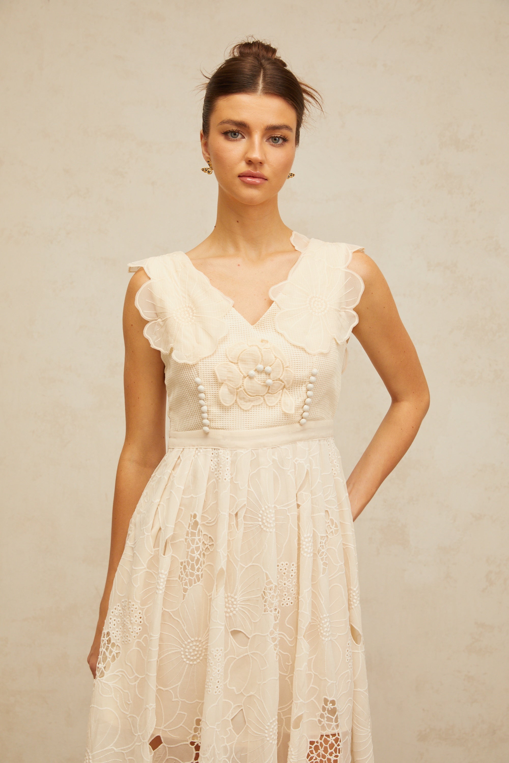 Anaïs neutrals beaded floral-embroidered midi dress (Final Sale-US Only)