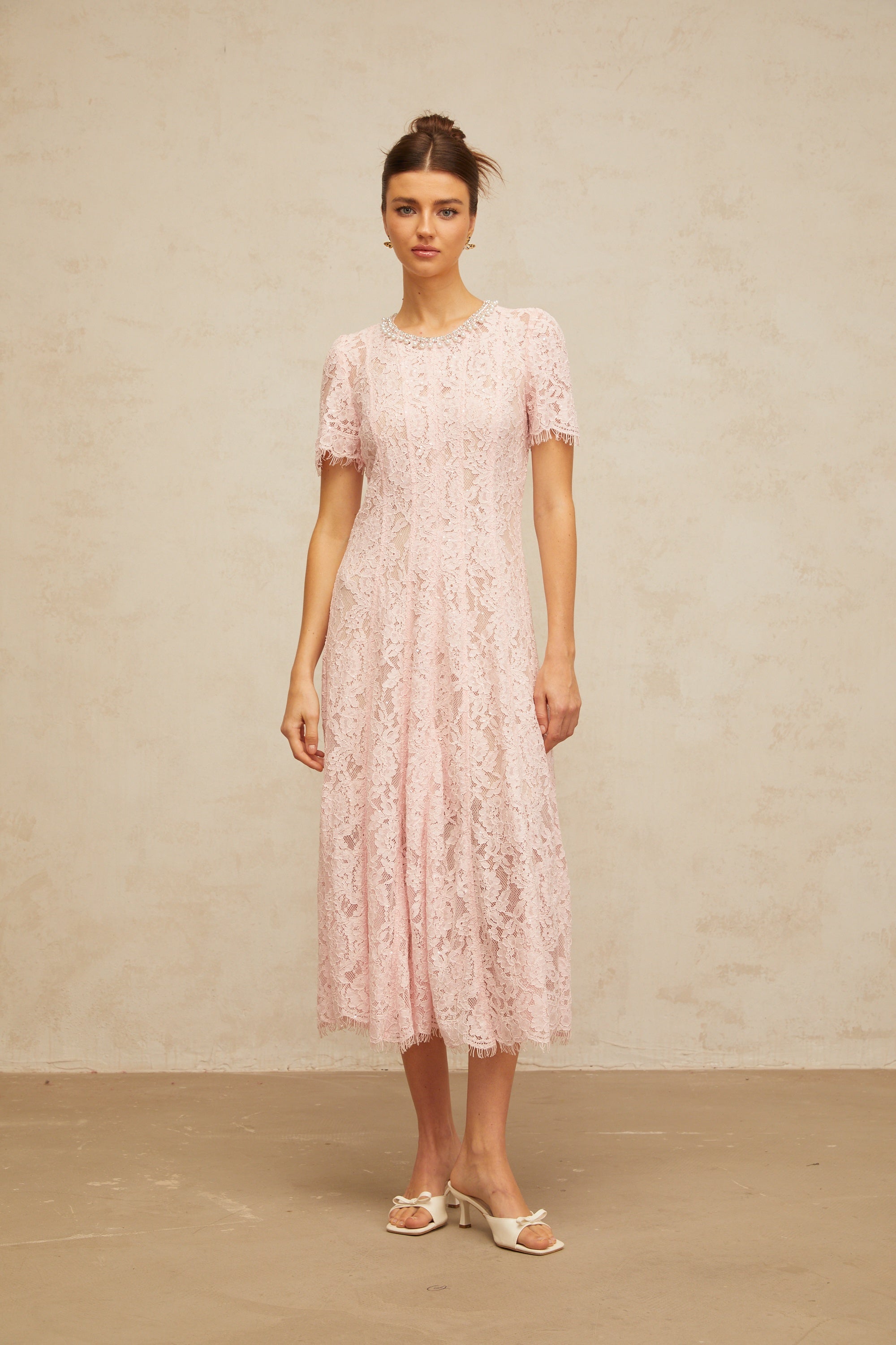 Dulcie pink embellished floral-lace midi dress