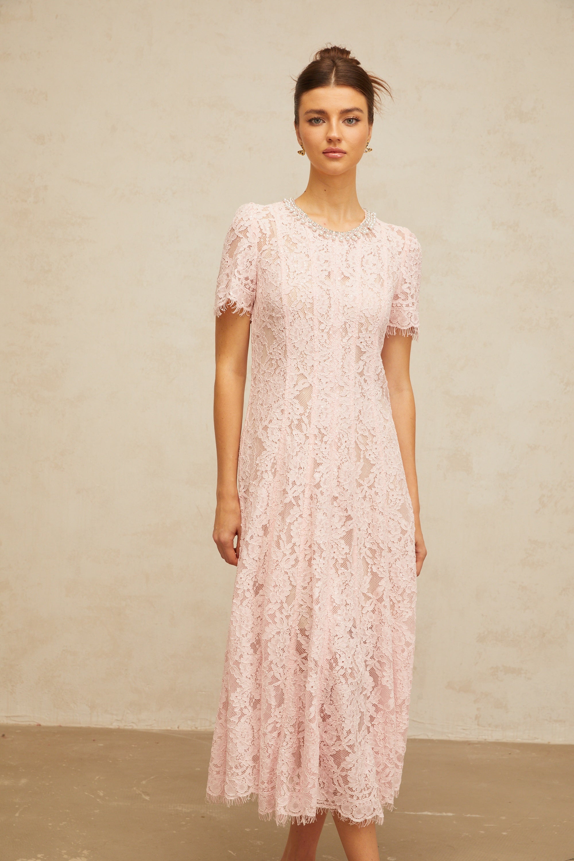 Dulcie pink embellished floral-lace midi dress