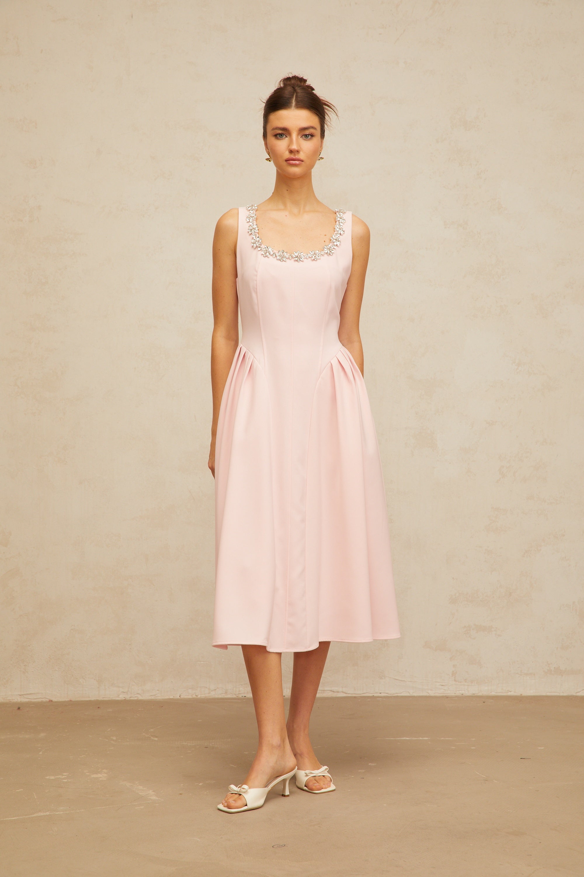 Béatrice pink crystal pleated midi dress