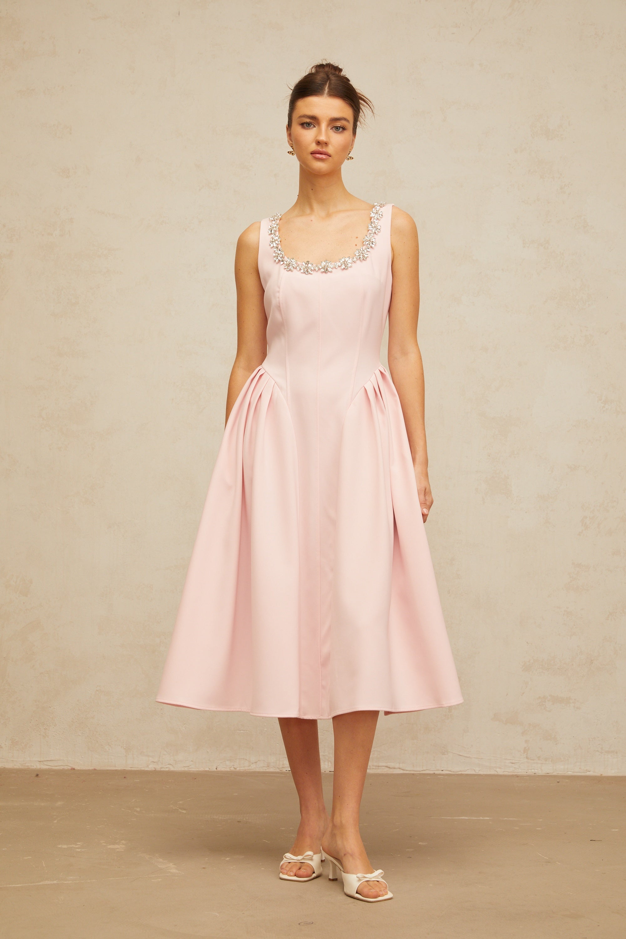 Béatrice pink crystal pleated midi dress
