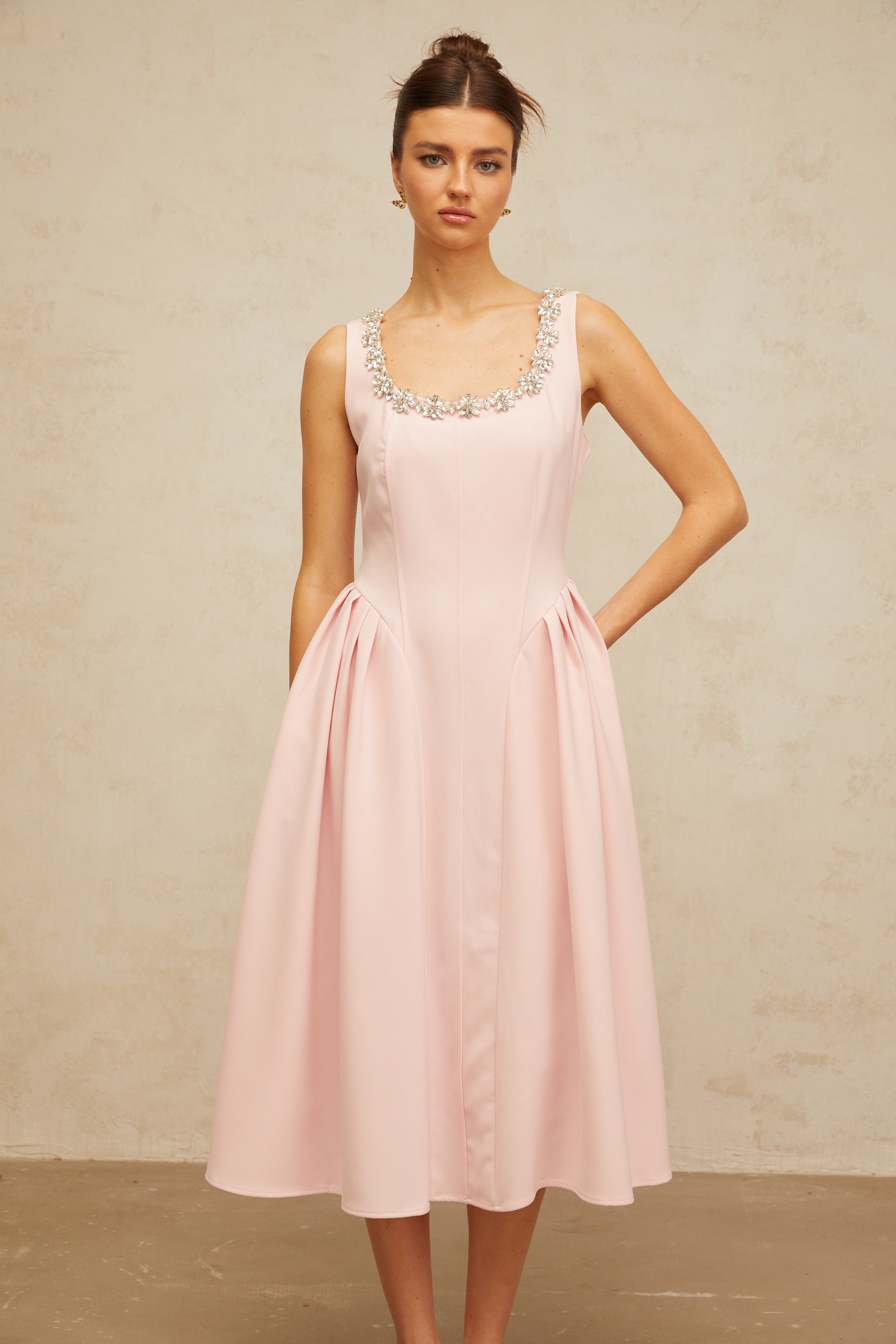 Béatrice pink crystal pleated midi dress