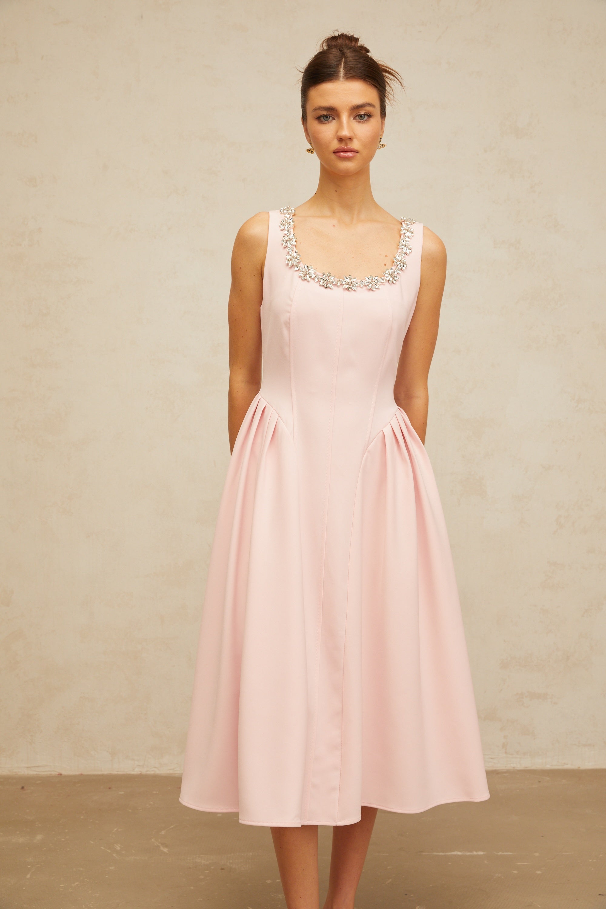 Béatrice pink crystal pleated midi dress