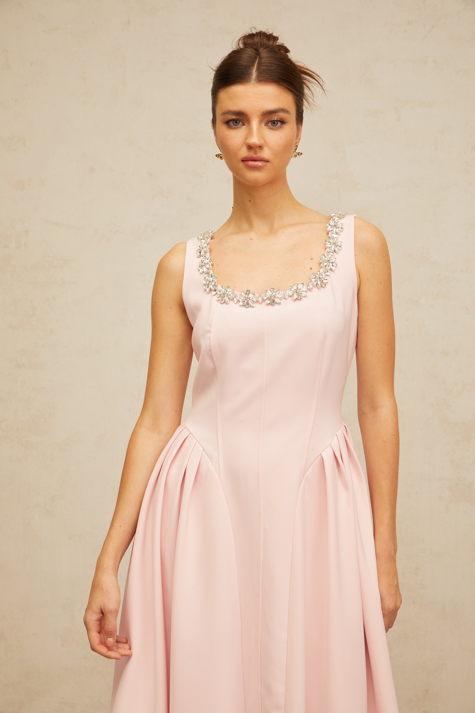 Béatrice pink crystal pleated midi dress
