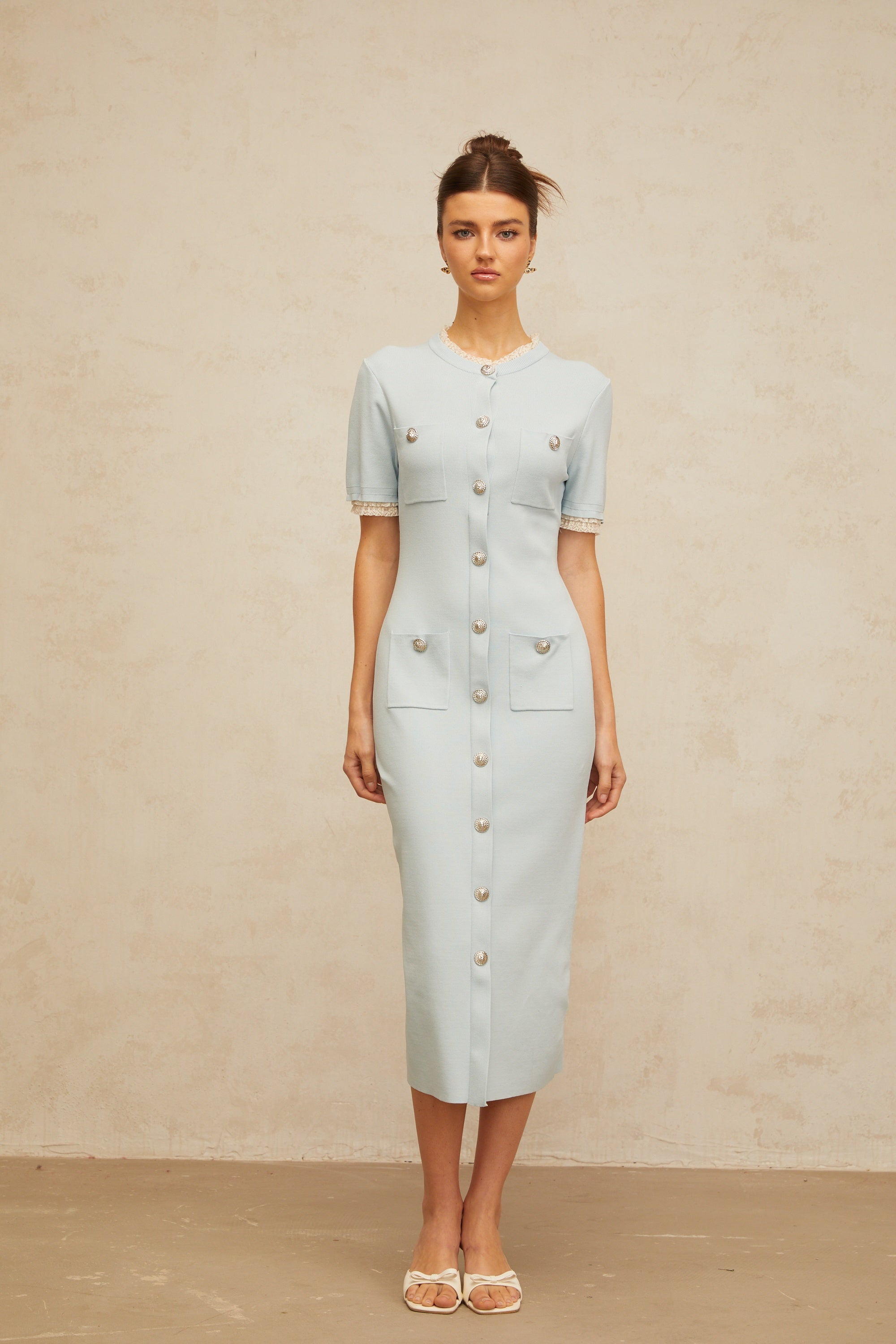 Mélisande light-blue pencil-silhouette knit midi dress (Final Sale)