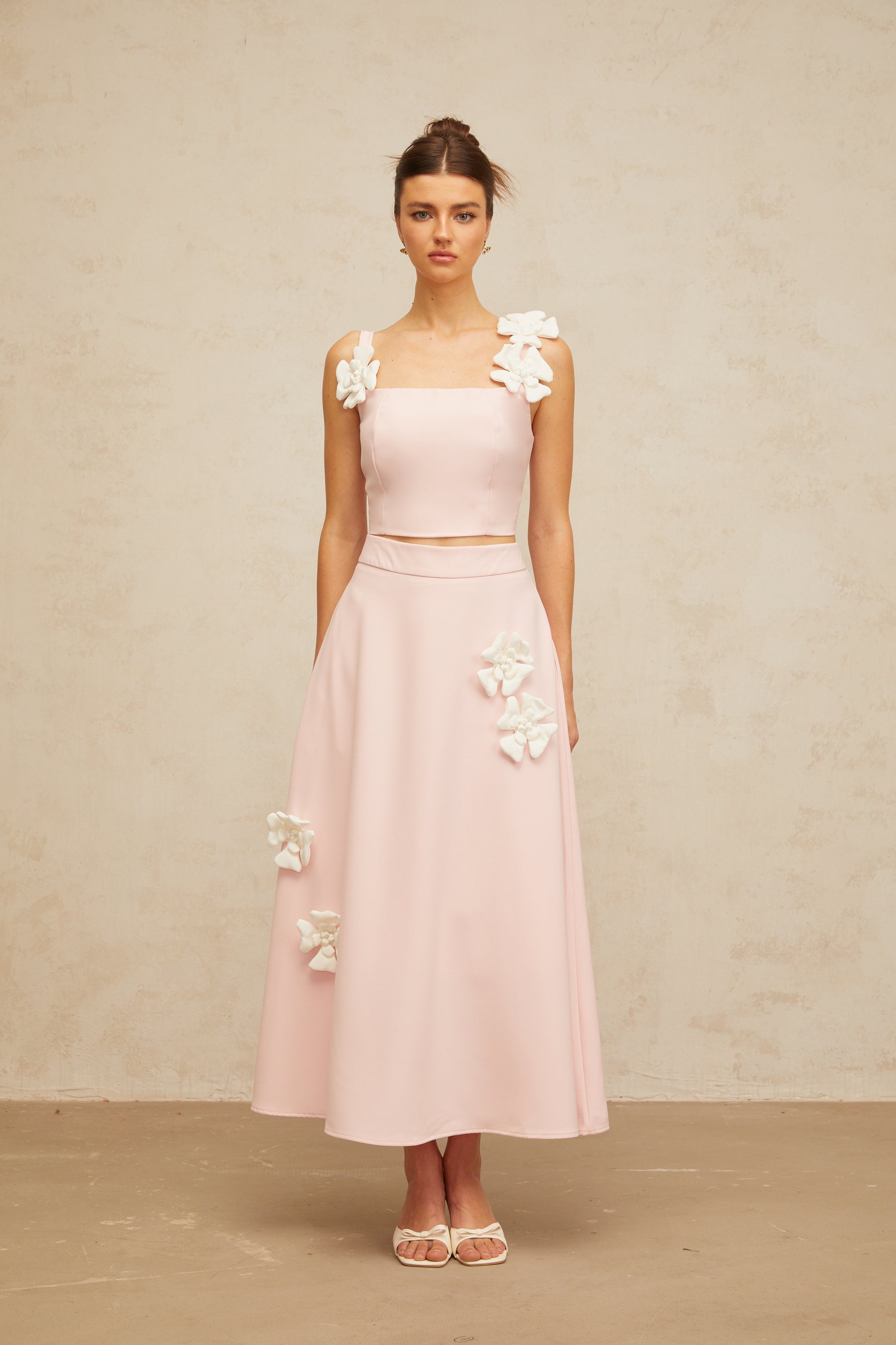 Uxue pink floral-appliqué top & skirt matching set
