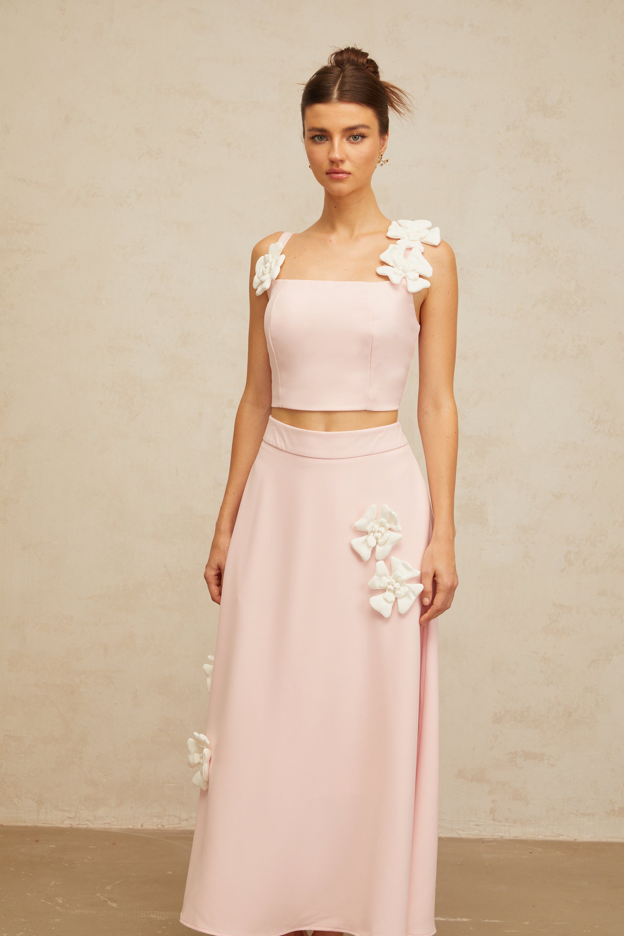 Uxue pink floral-appliqué top & skirt matching set