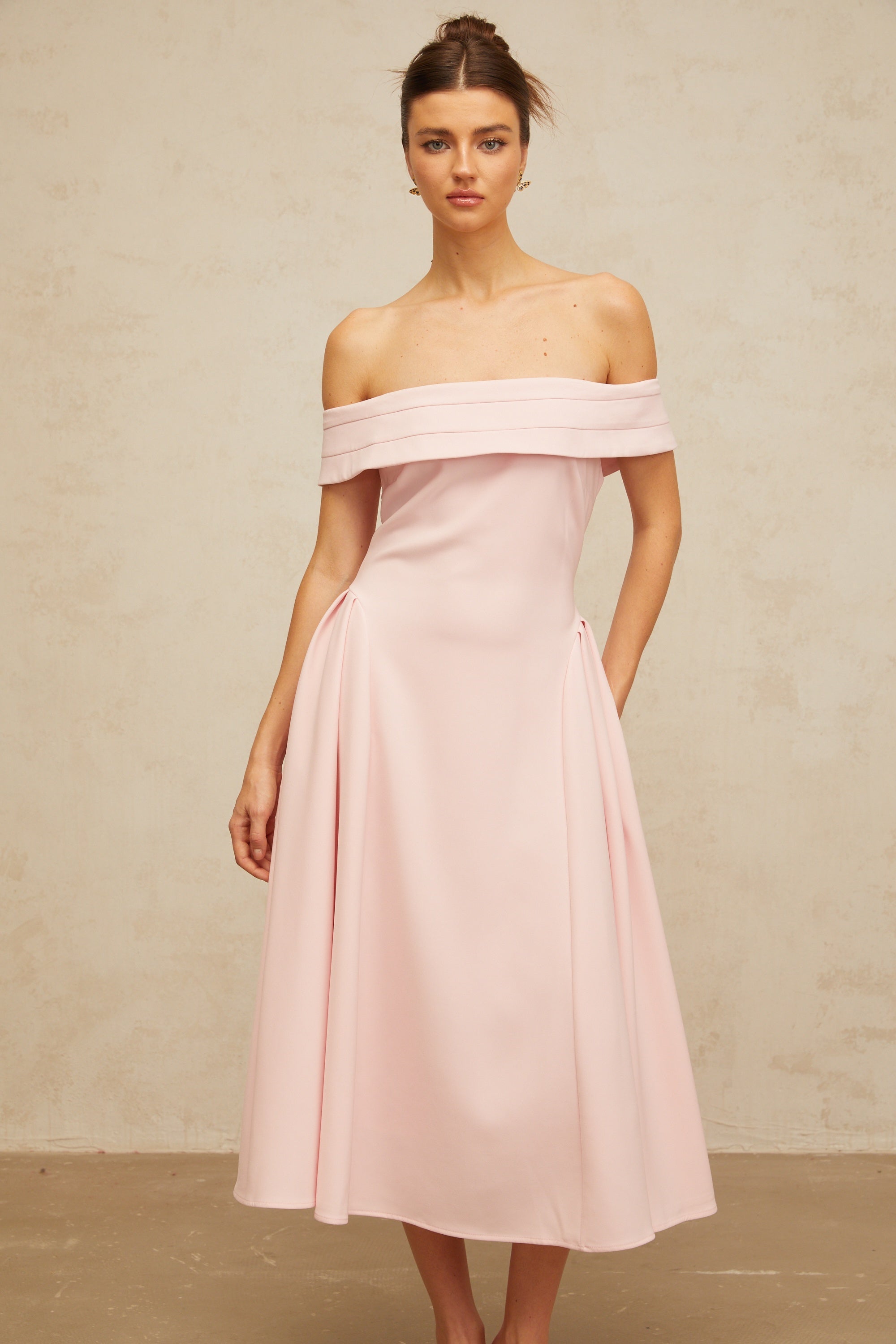 Zélie pink off-shoulder pleated midi dress (Final Sale-US Only)