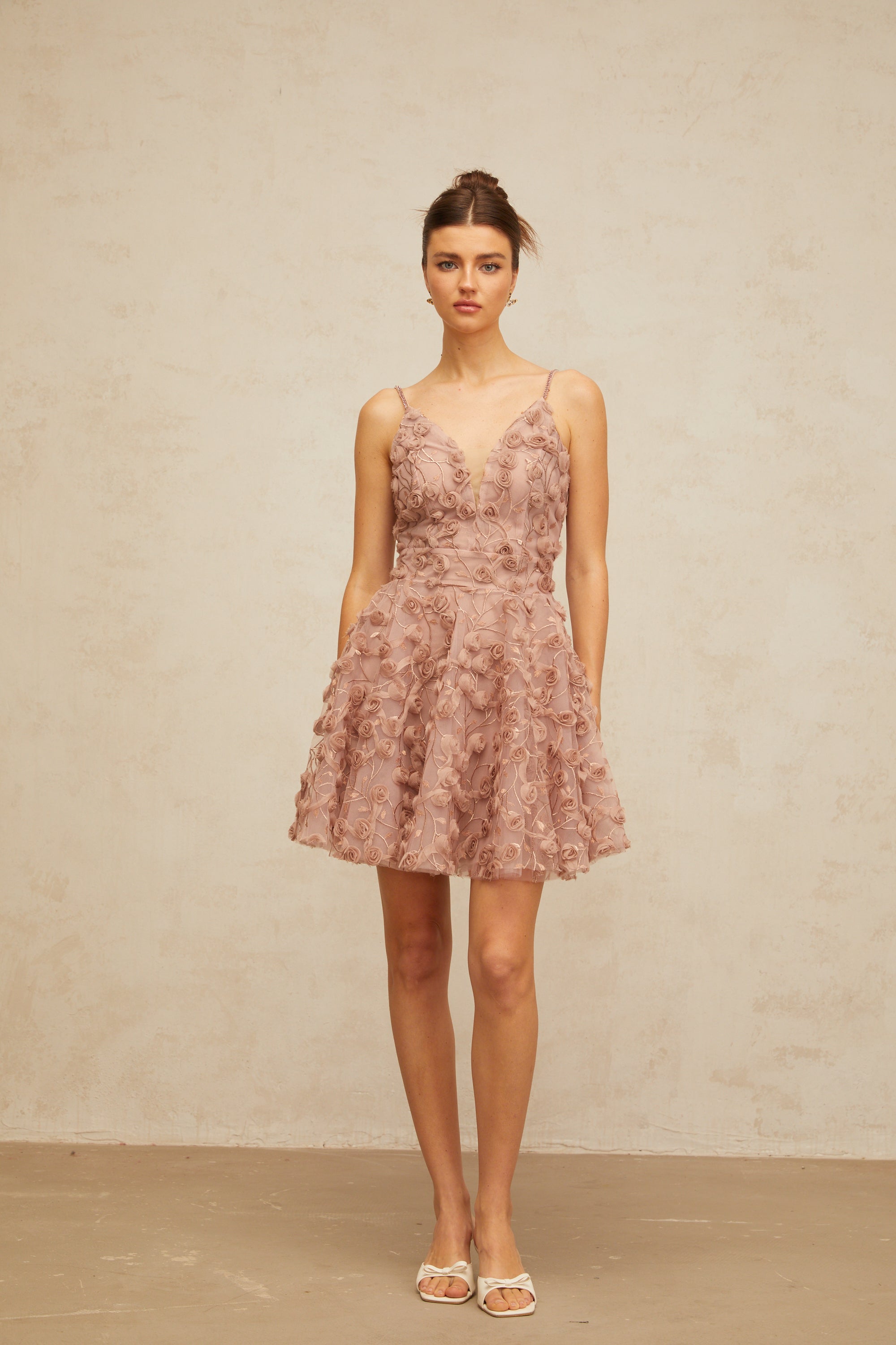 Aurore dusty-pink rose-appliqué flounced mini dress