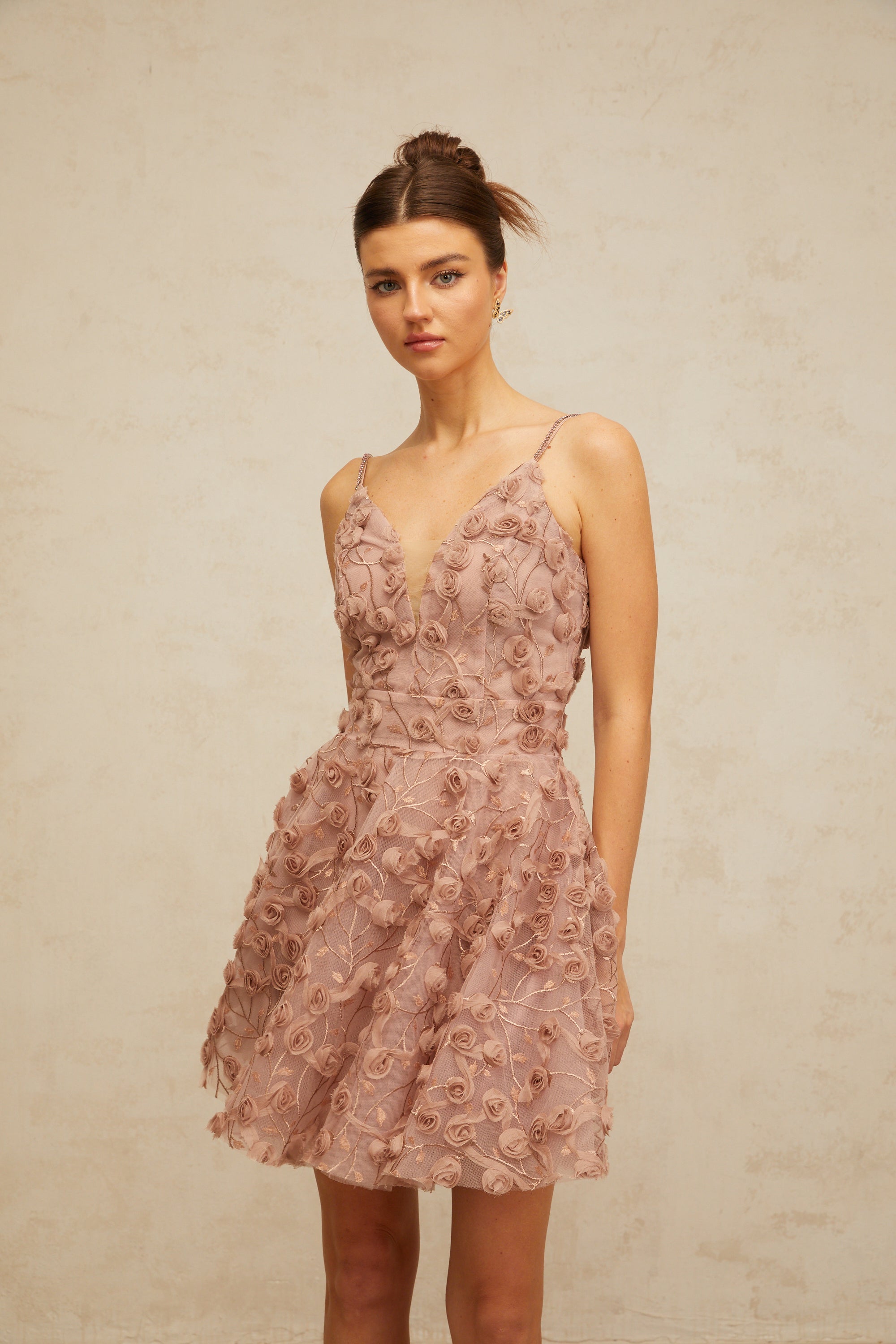 Aurore dusty-pink rose-appliqué flounced mini dress