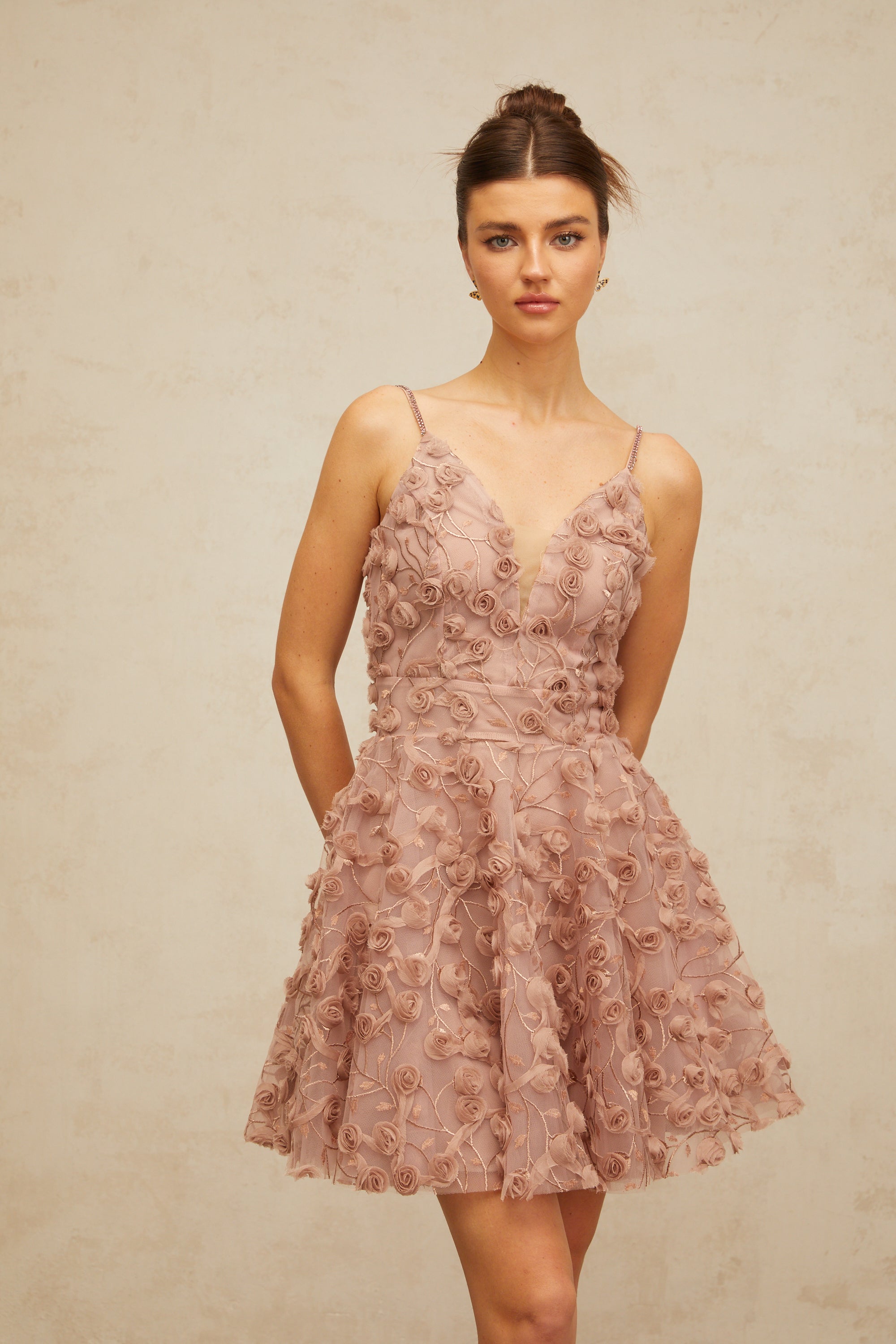 Aurore dusty-pink rose-appliqué flounced mini dress