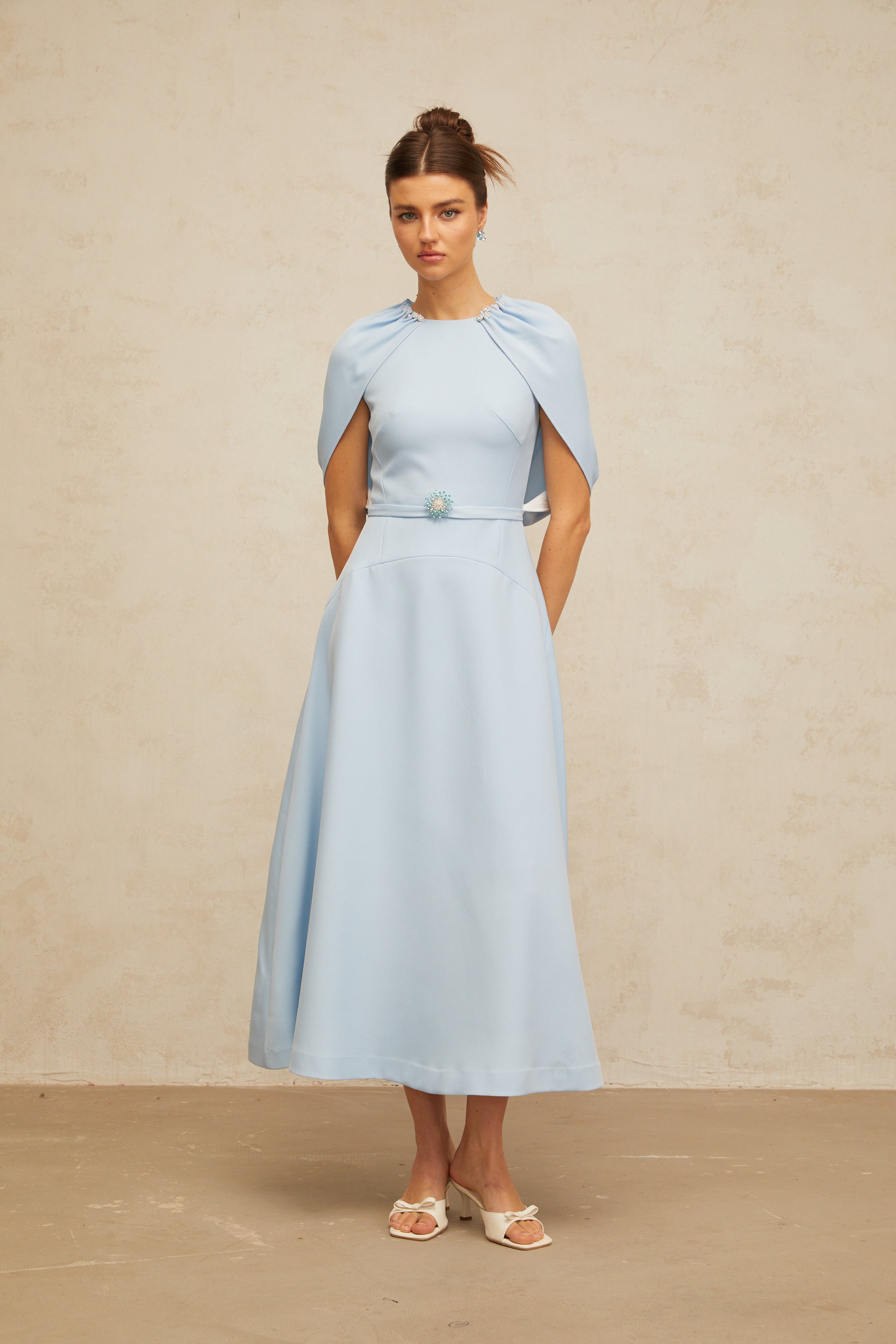 Lina blue shawl-panel embellished midi dress