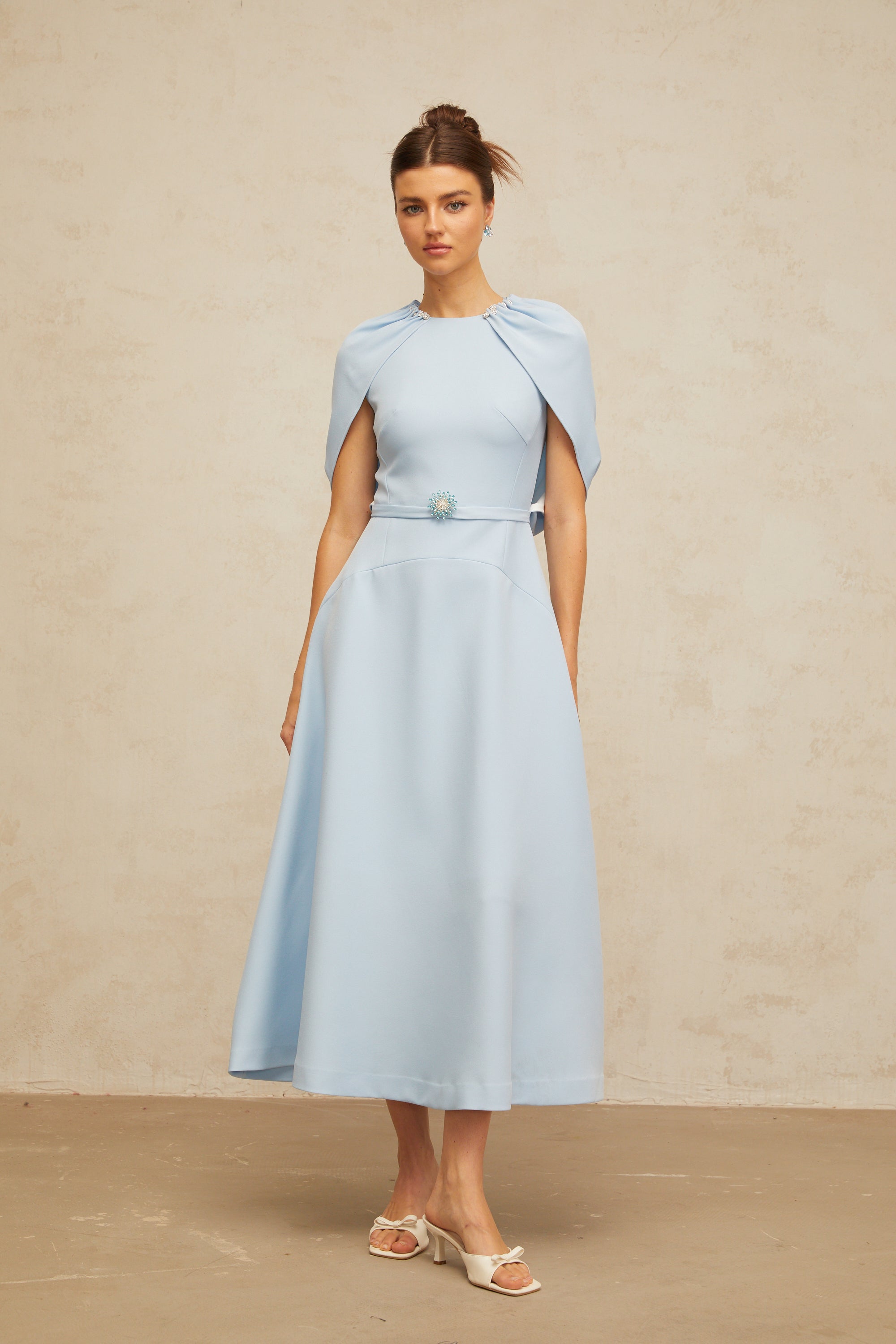 Lina blue shawl-panel embellished midi dress