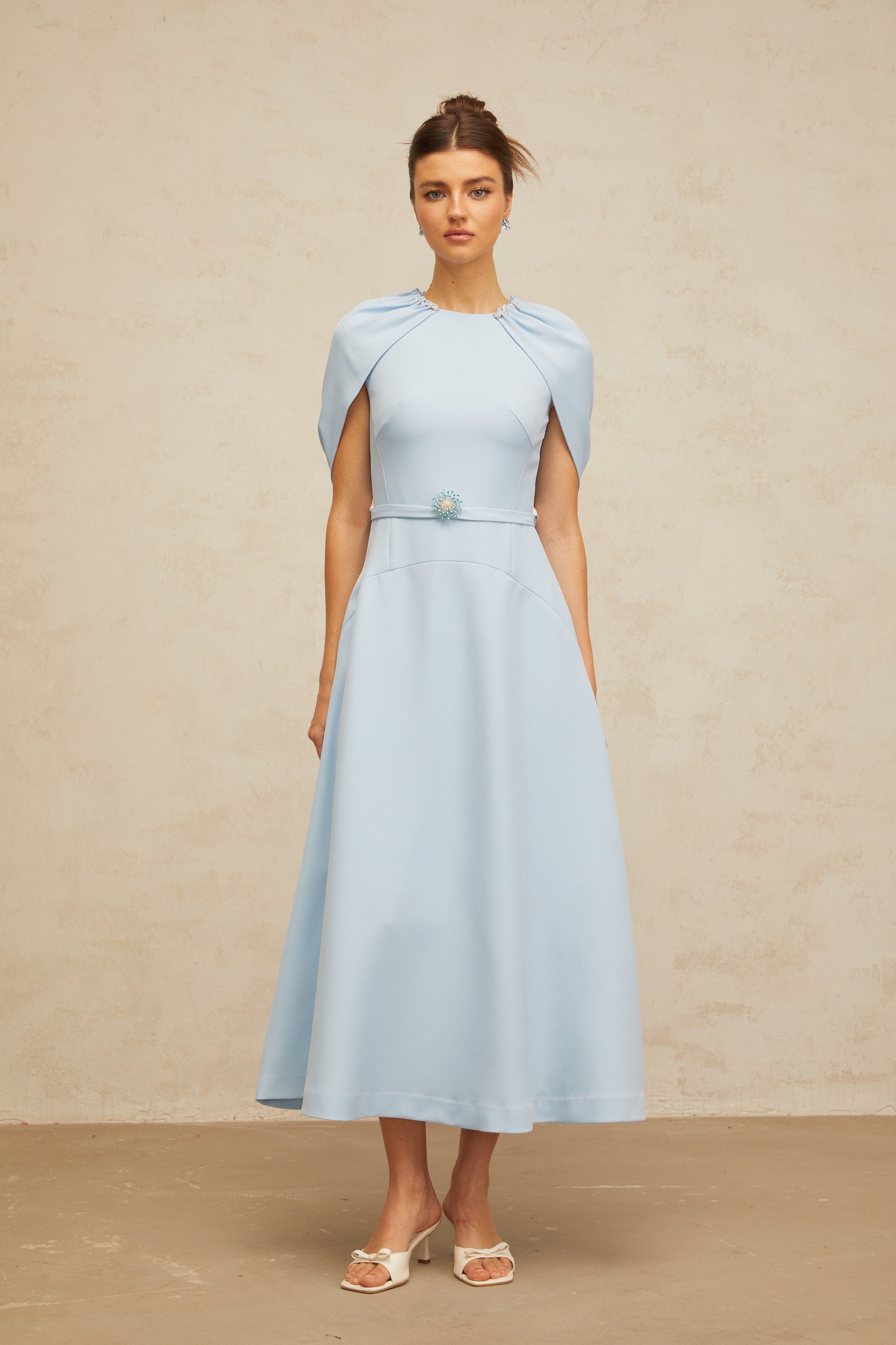 Lina blue shawl-panel embellished midi dress