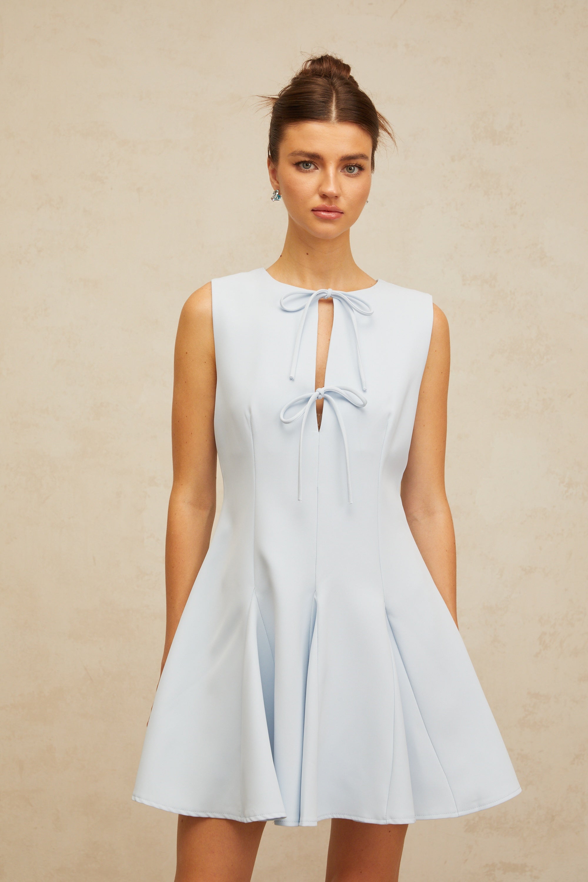 Lyna blue bowknot godet-design mini dress