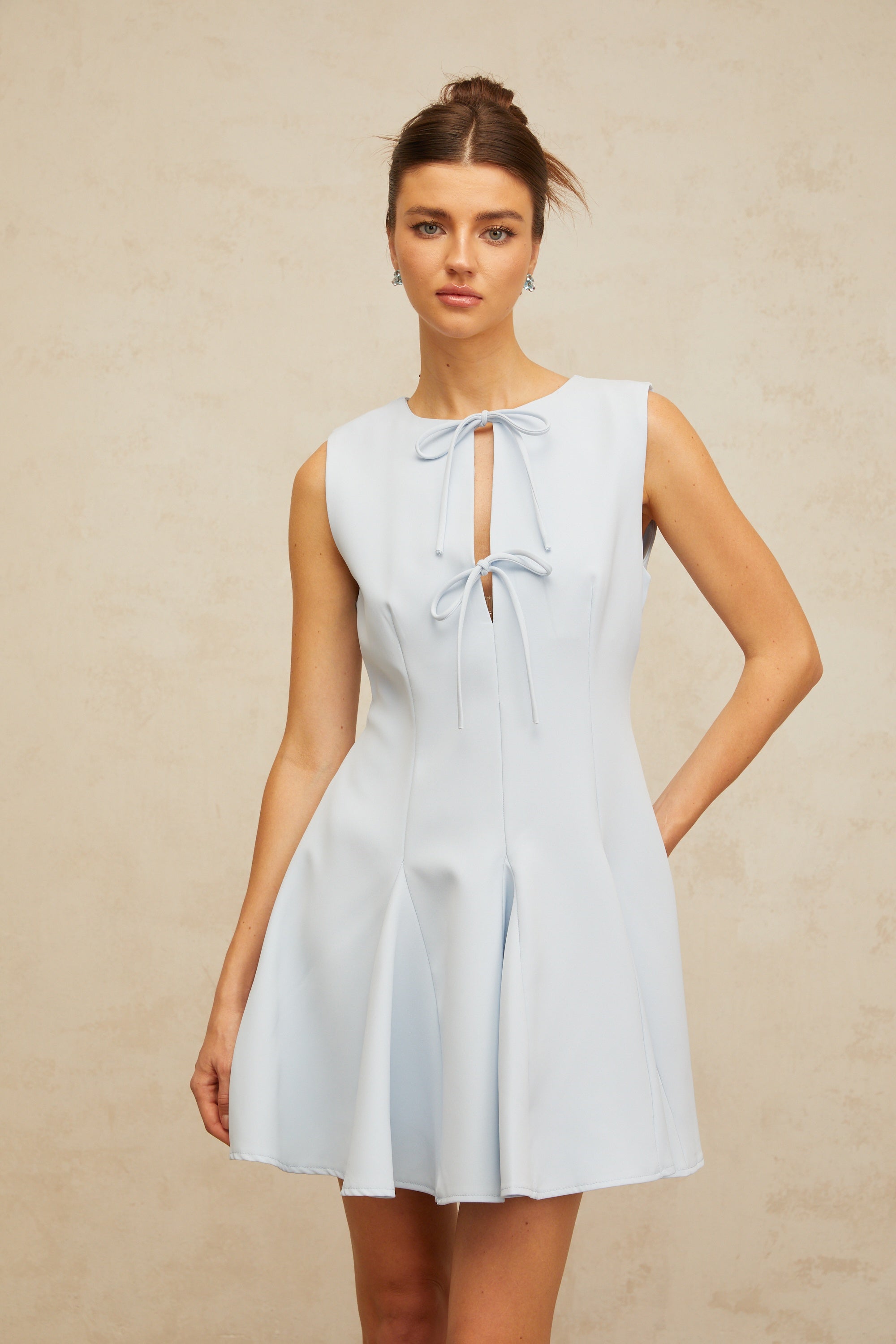 Lyna blue bowknot godet-design mini dress