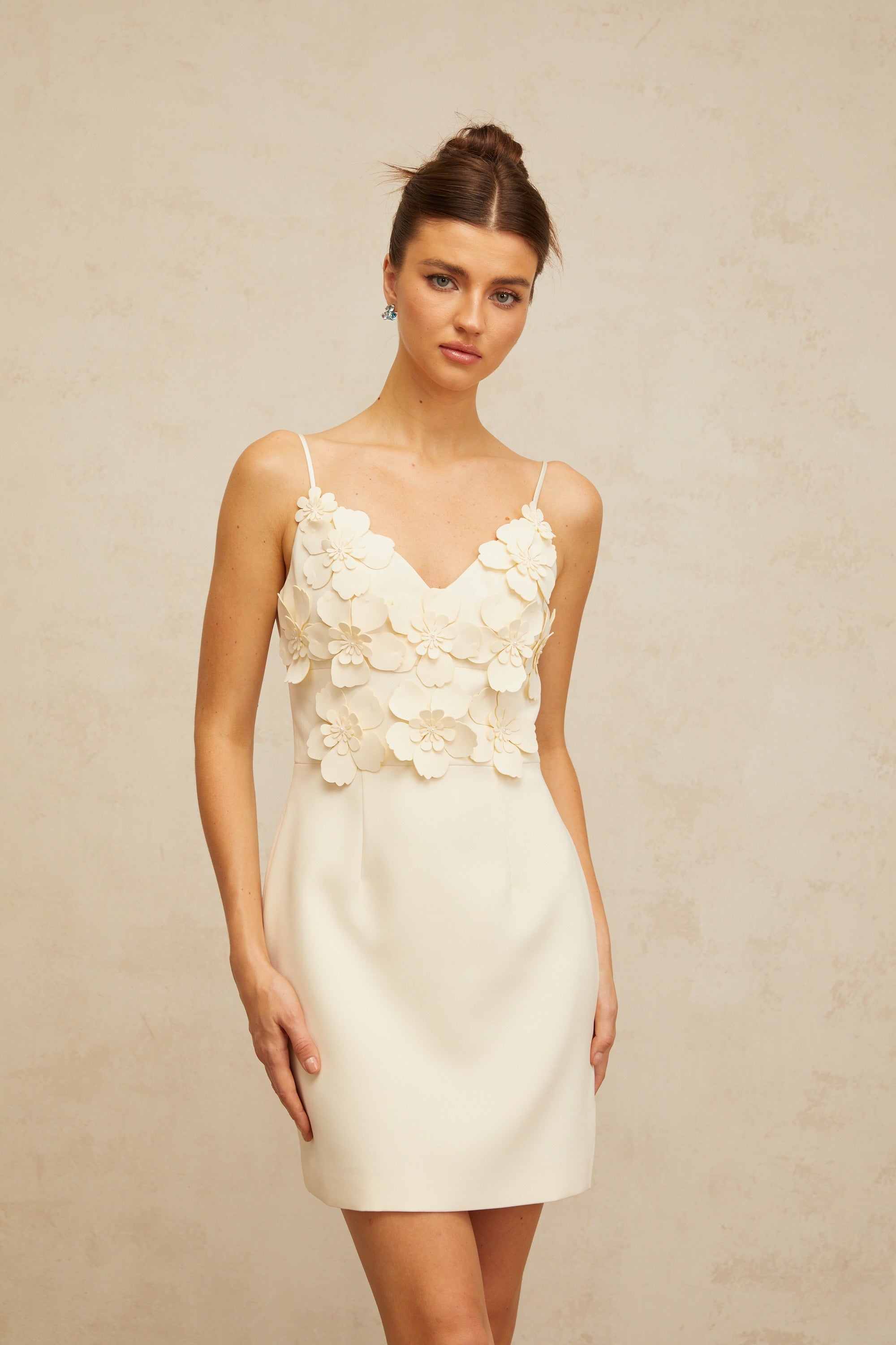 Xavière white V-neck 3d-petal mini dress