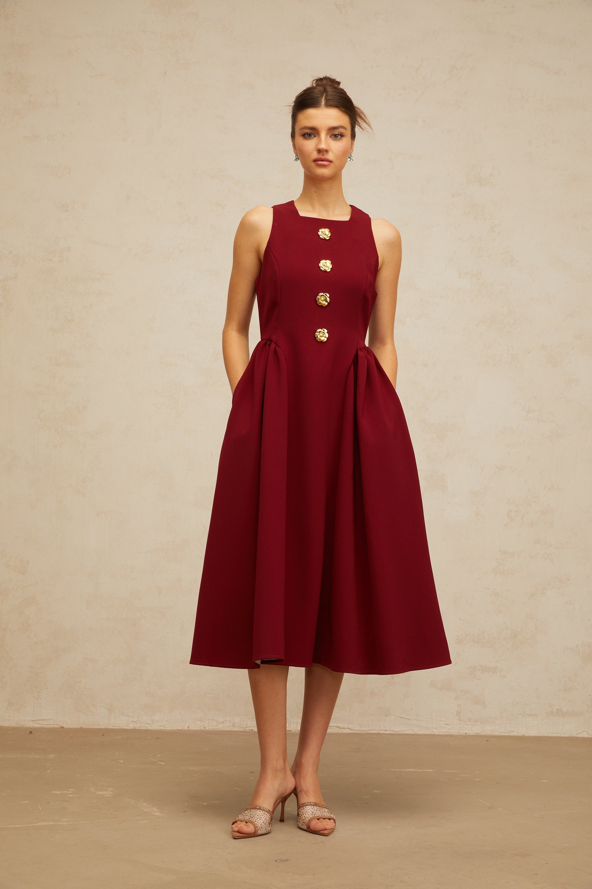 Amandine red flower-motif pleated midi tank dress
