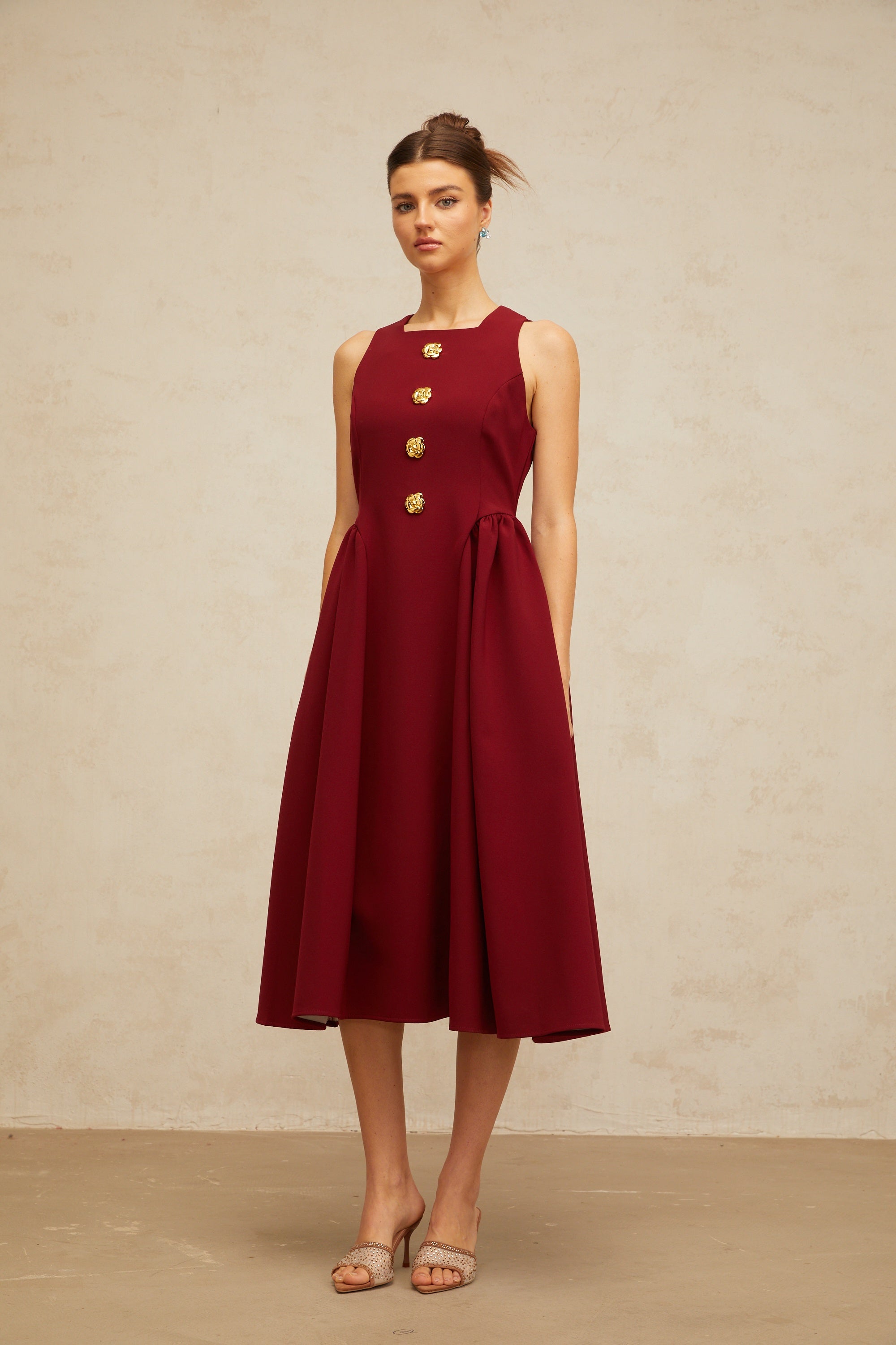 Amandine red flower-motif pleated midi tank dress