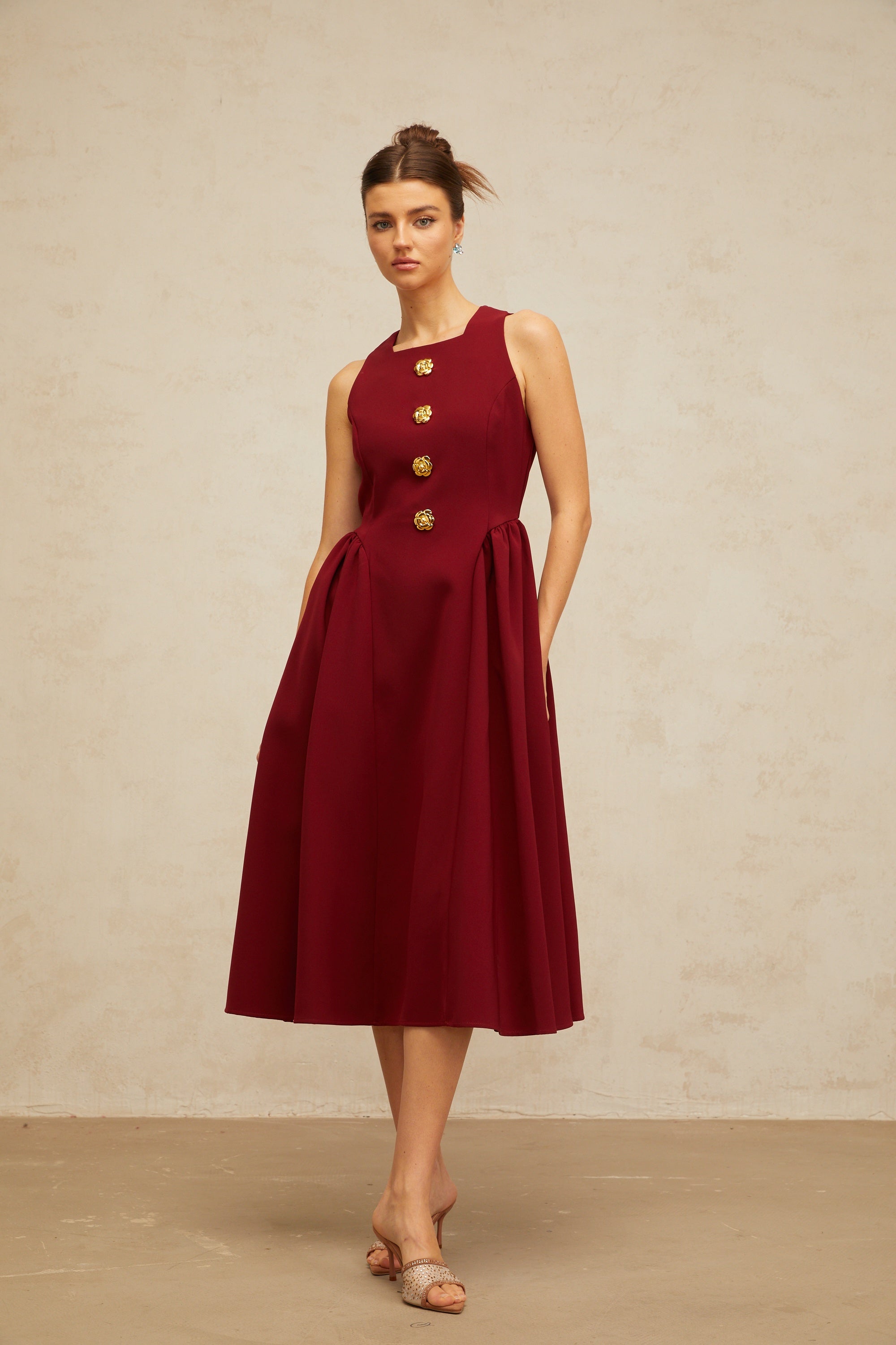 Amandine red flower-motif pleated midi tank dress