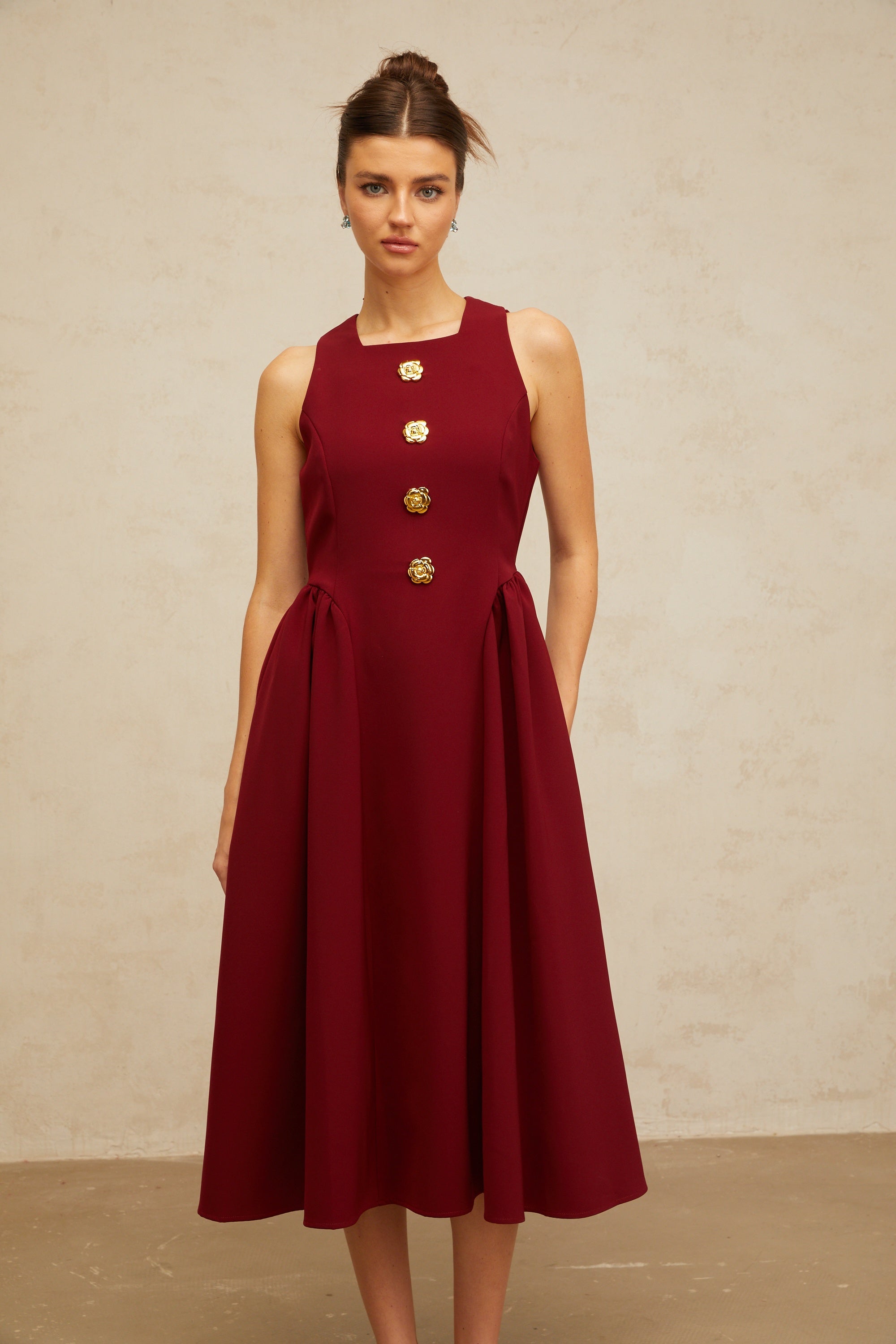 Amandine red flower-motif pleated midi tank dress