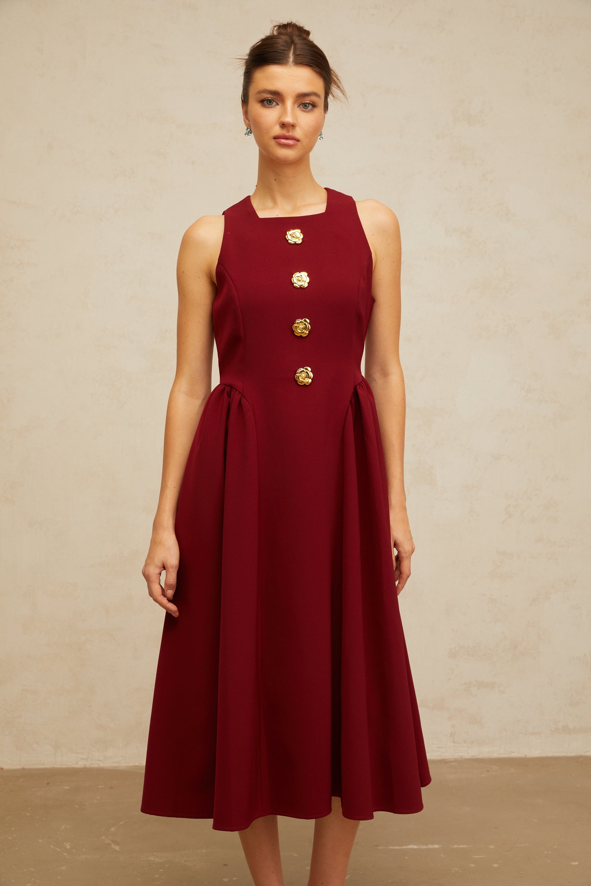Amandine red flower-motif pleated midi tank dress