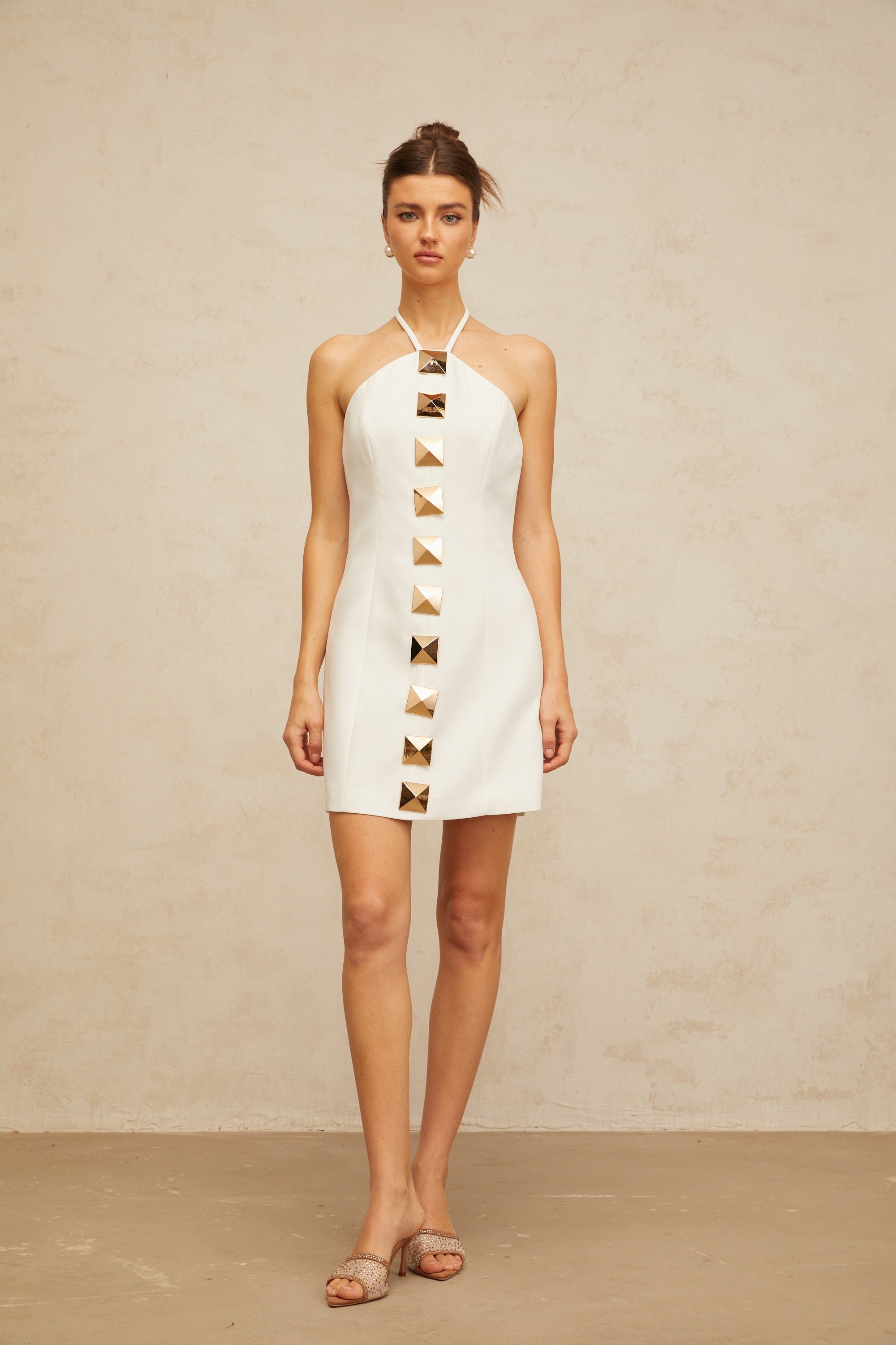 Annabelle white halterneck A-line mini dress