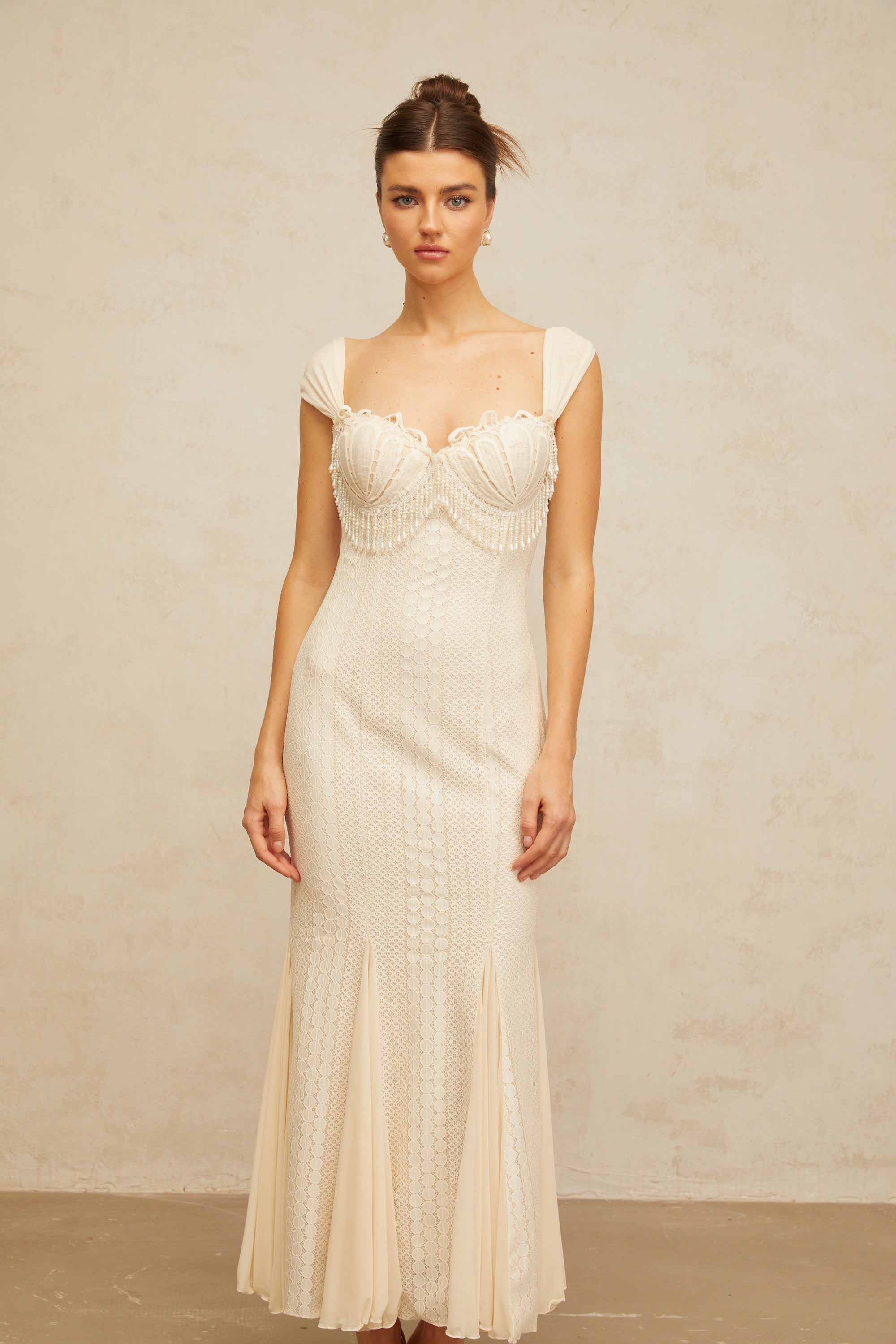 Calliopée cream-white embellished flared maxi dress